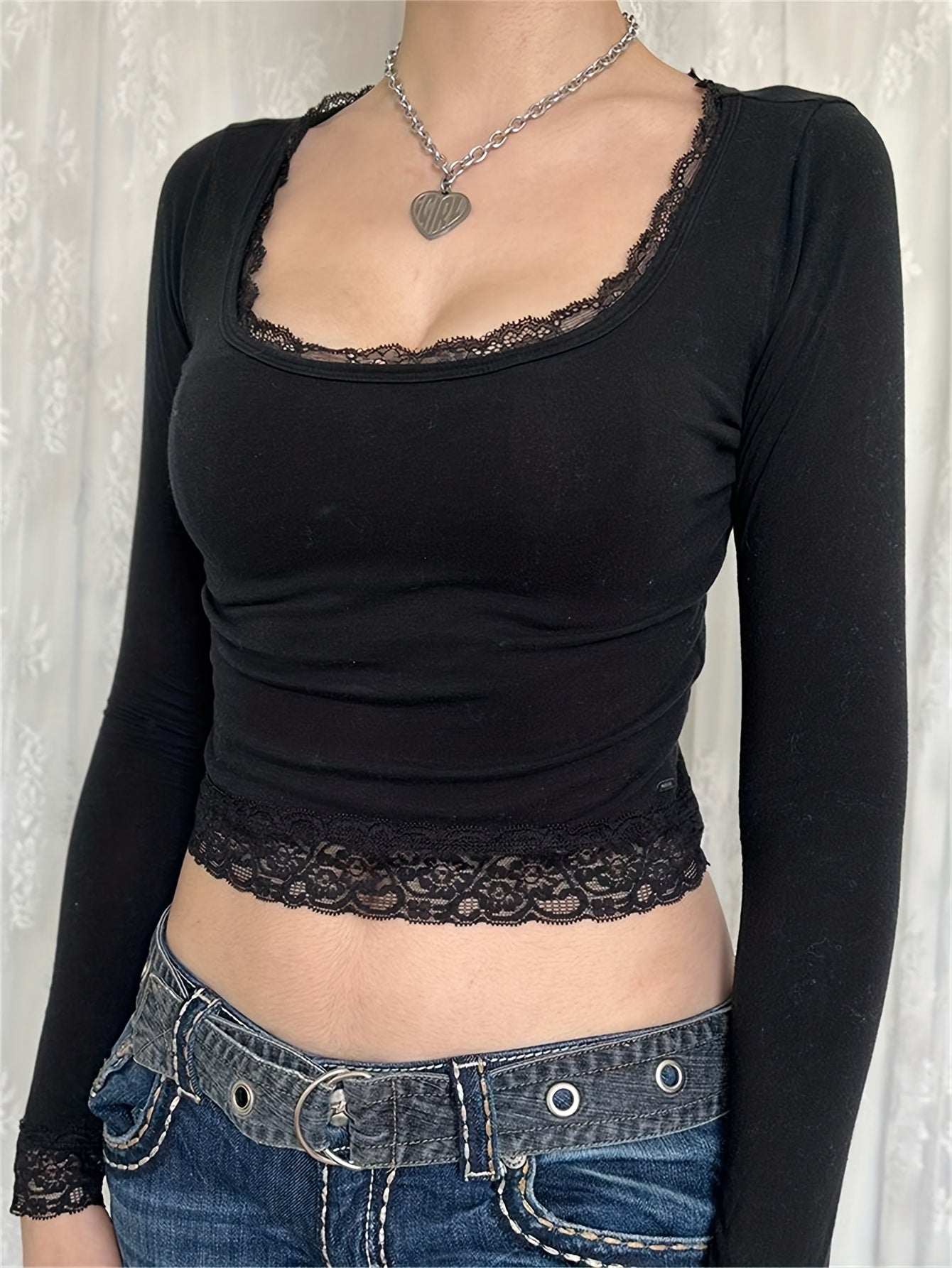 Sixsr Contrast Lace Scoop Neck T-Shirt, Y2K Long Sleeve Crop Slim Top For Spring & Fall, Women's Clothing