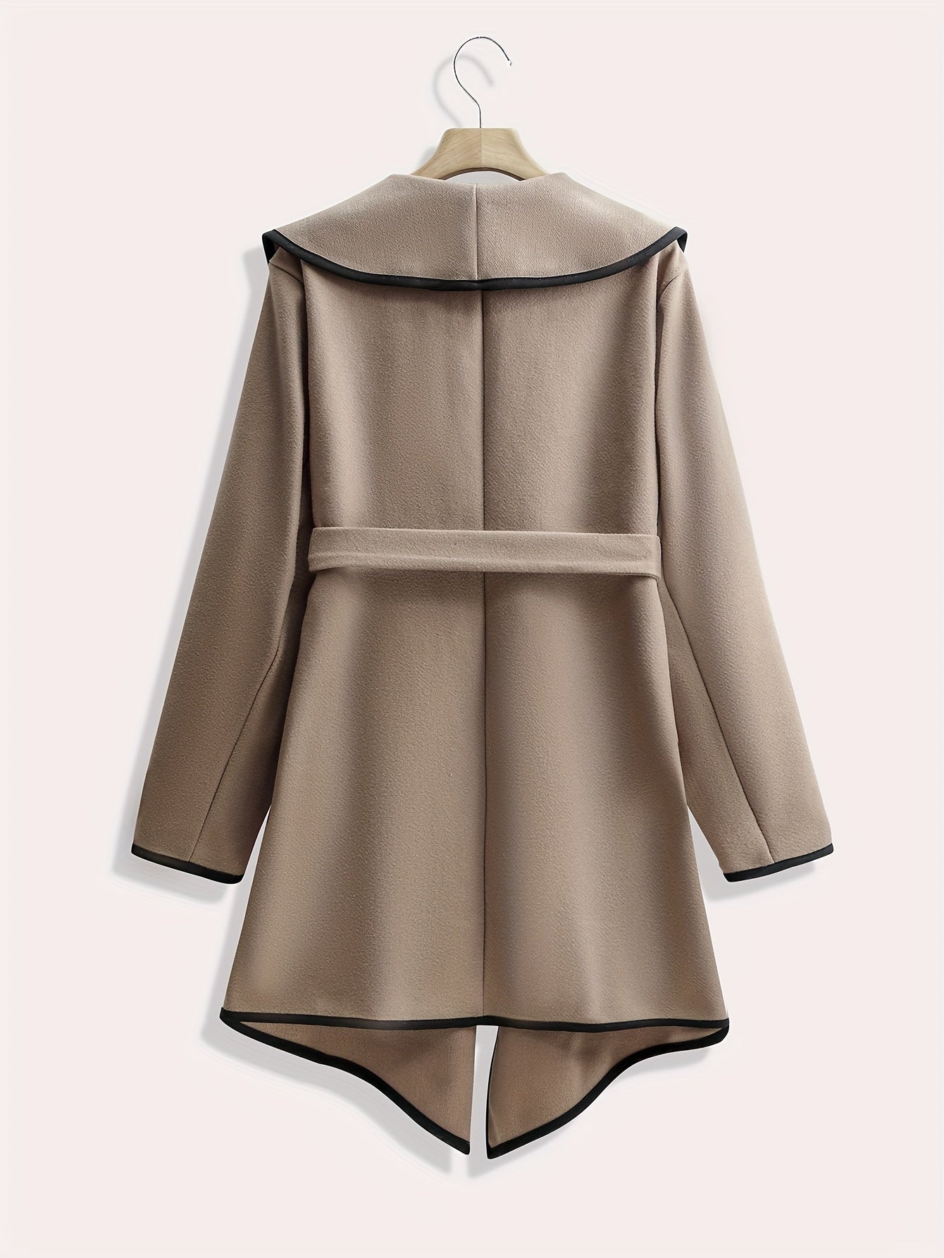 Sixsr Plus Size Elegant Coat, Women's Plus Solid Long Sleeve Open Front Waterfall Collar Asymmetric Hem Overcoat With Belt