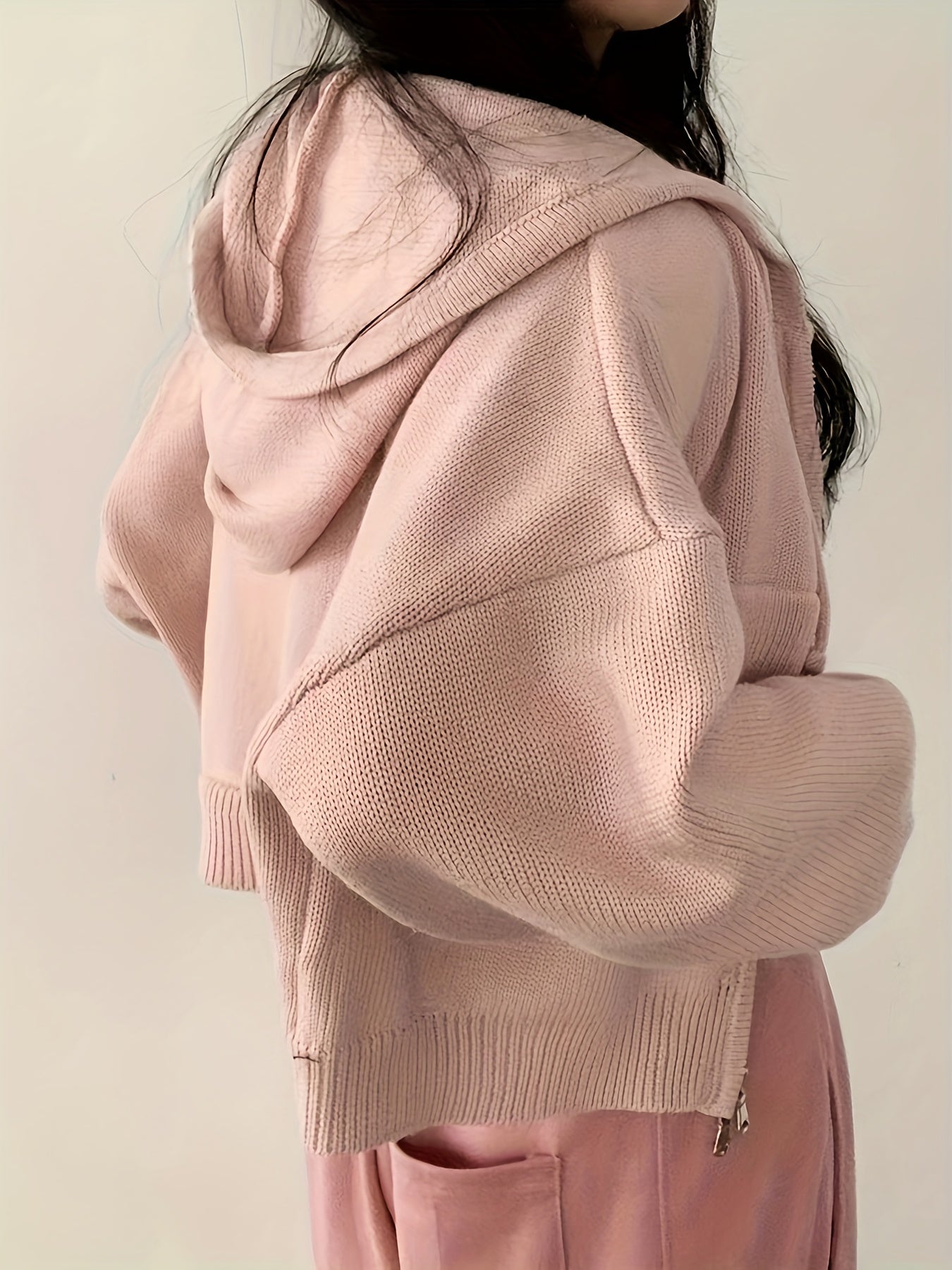 Sixsr Drop Shoulder Knit Cardigan, Elegant Zip Up Long Sleeve Hooded Sweater, Women's Clothing