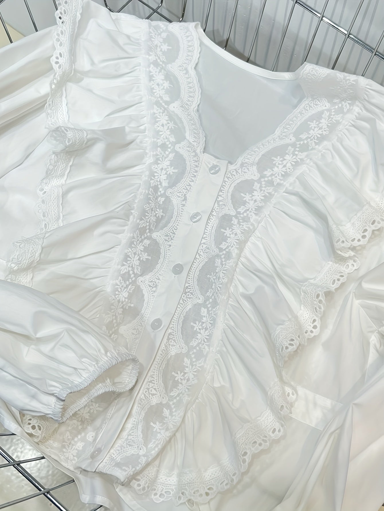 Sixsr Contrast Lace Button Front Blouse, Ruffle Trim Lantern Sleeve Blouse For Spring & Fall, Women's Clothing