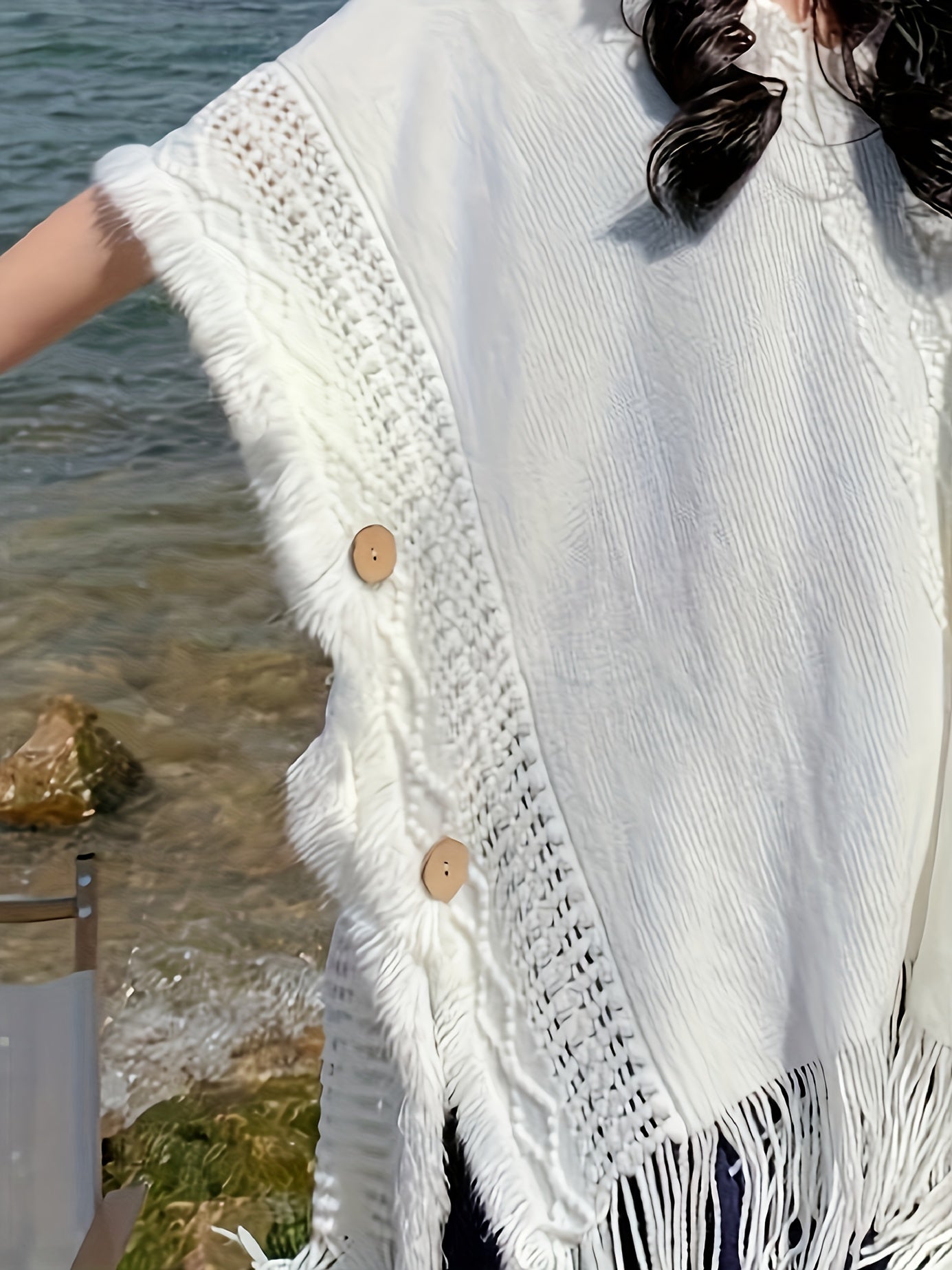 Sixsr Solid Tassel Trim Hooded Cape Sweater, Casual Button Side Shawl Fashion Sweater, Women's Clothing