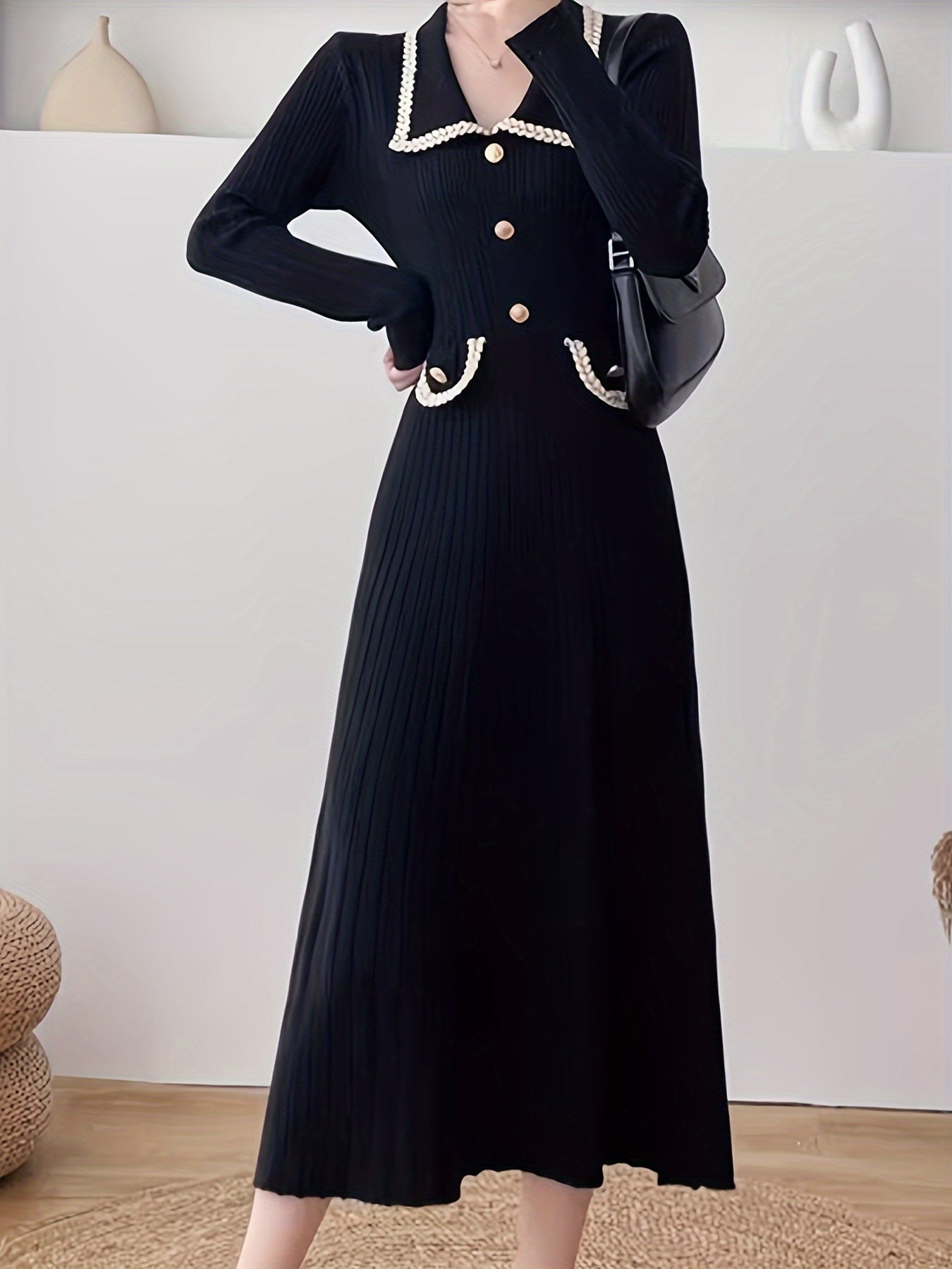 Sixsr Button Front High Waist Dress, Elegant Long Sleeve Midi Dress, Women's Clothing