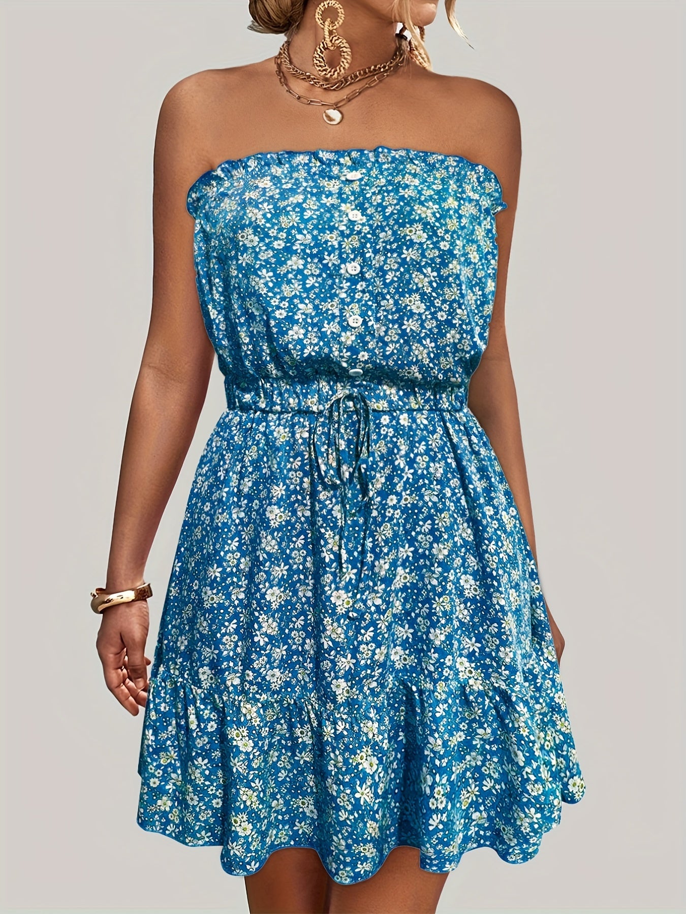 Sixsr Ditsy Floral Off Shoulder Dress, Sexy Sleeveless Drawstring Summer Dress, Women's Clothing