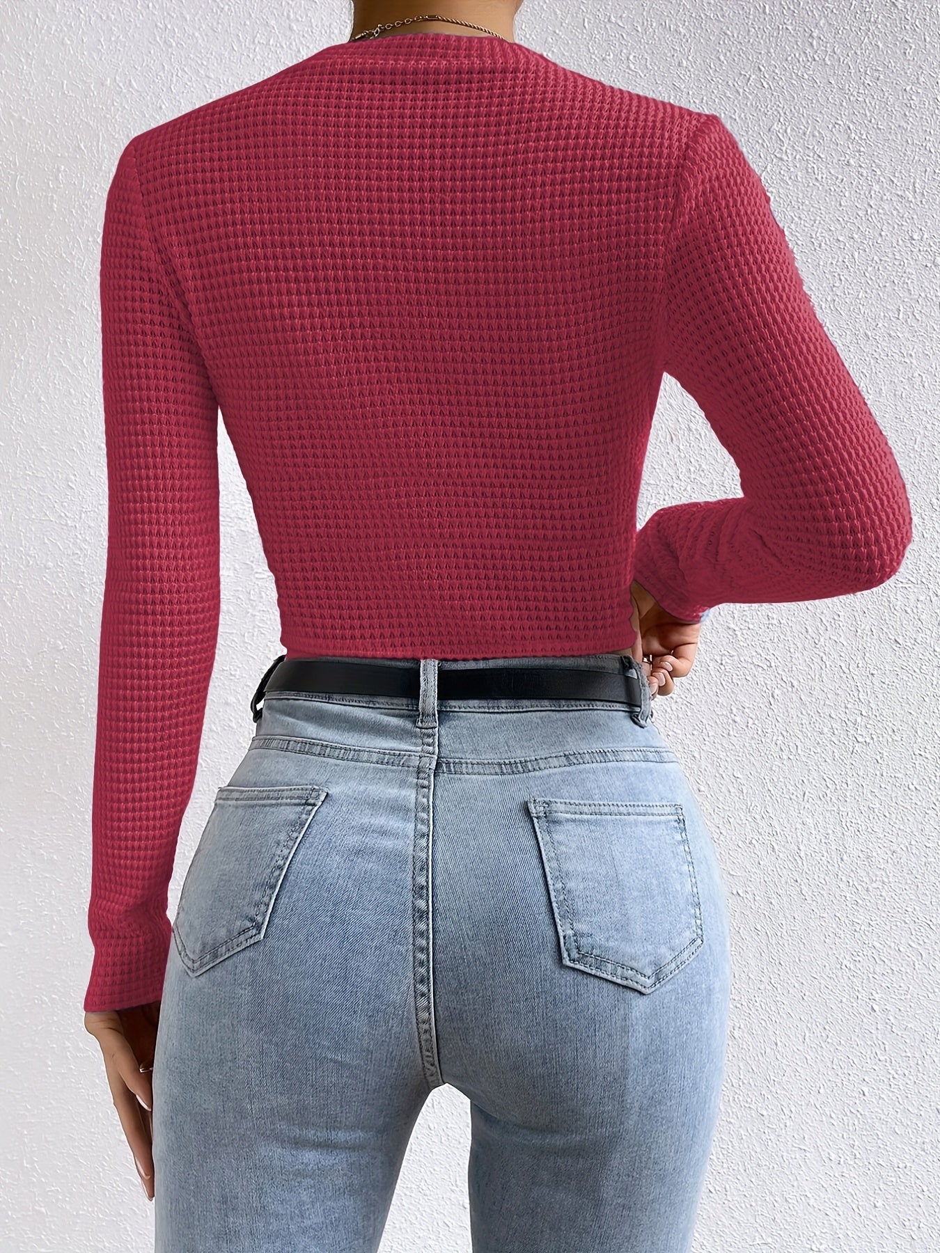 Sixsr Waffle Slim Crew Neck T-Shirt, Casual Long Sleeve Top For Spring & Fall, Women's Clothing