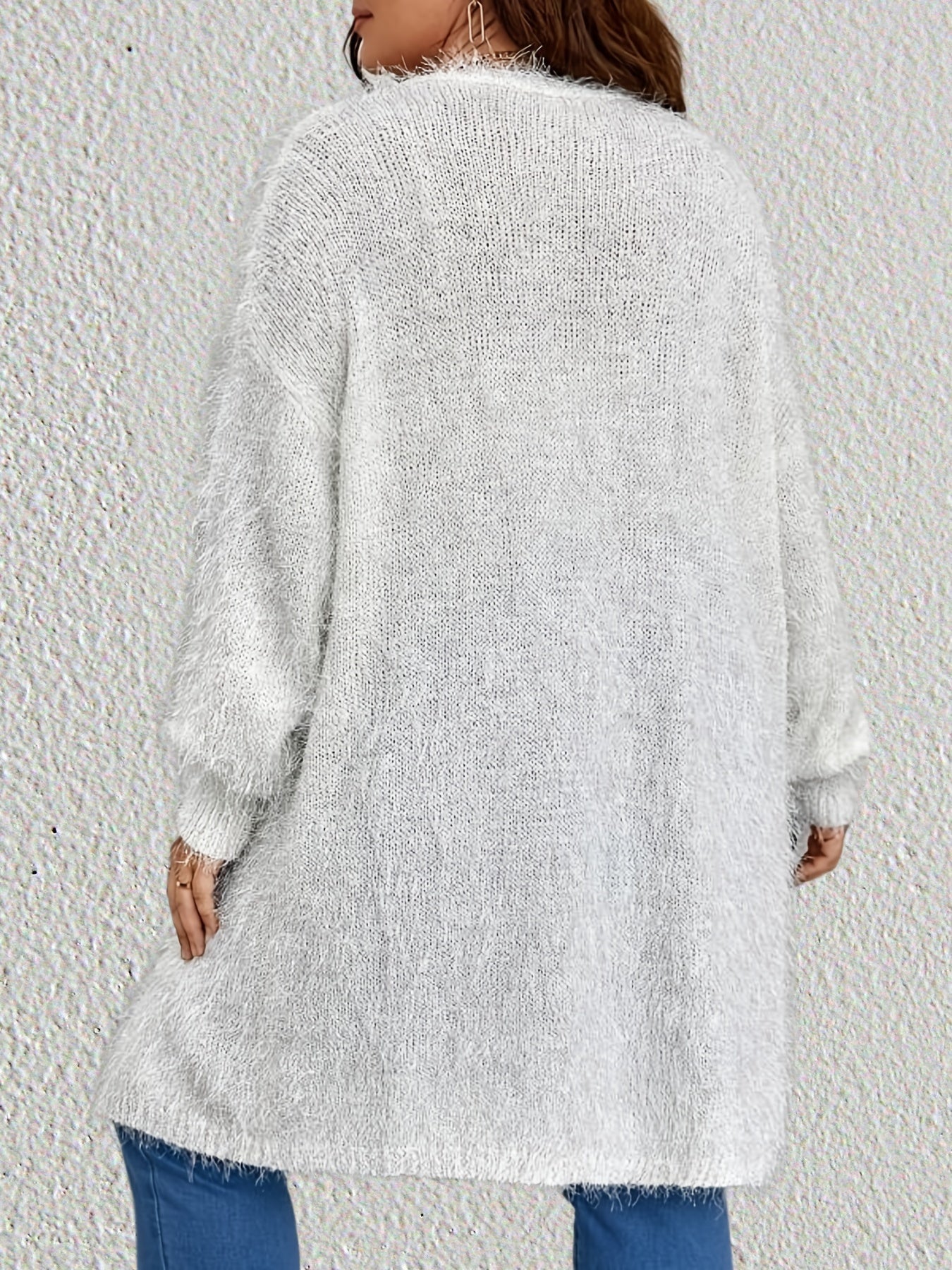 Sixsr Plus Size Longline Fuzzy Solid Cardigan, Women's Plus Slight Stretch Casual Sweater Cardigan