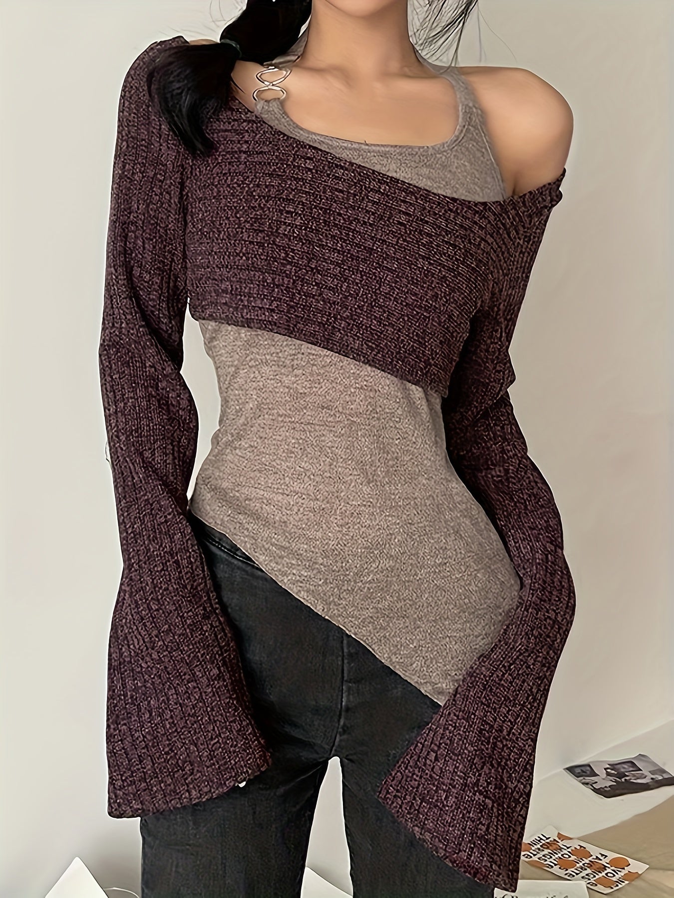 Sixsr Halter Neck Layered T-Shirt, Y2K Asymmetric Hem Long Sleeve Top, Women's Clothing