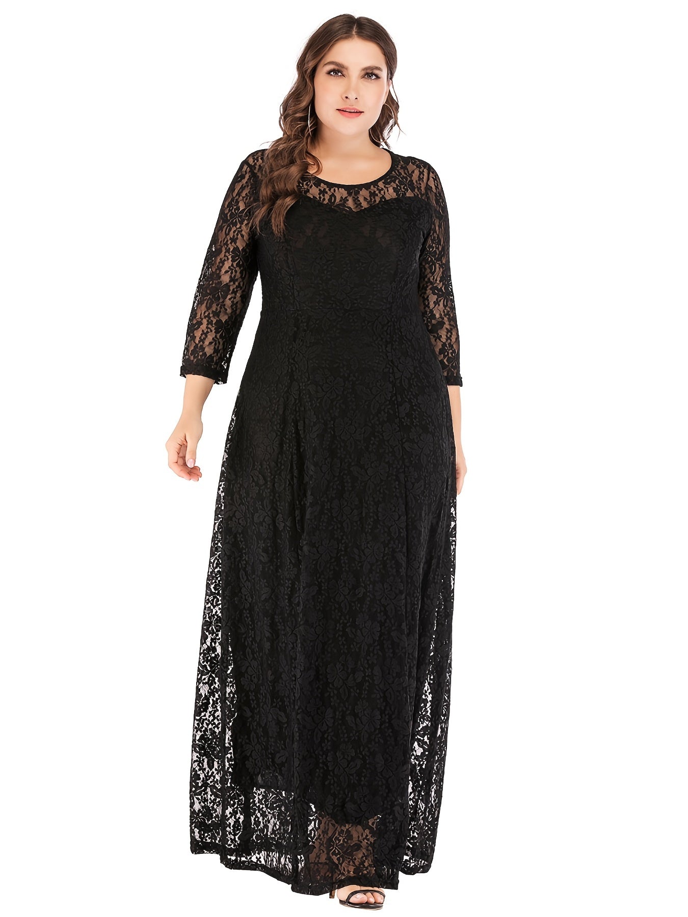 Sixsr Plus Size Romantic Wedding Dress, Women's Plus Floral Lace Long Sleeve Round Neck Lined Formal Party Dress