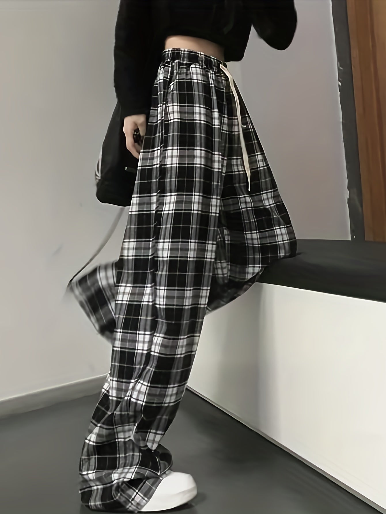 Sixsr Plaid Drawstring Straight Leg Pants, Casual Loose Pants For Spring & Fall, Women's Clothing