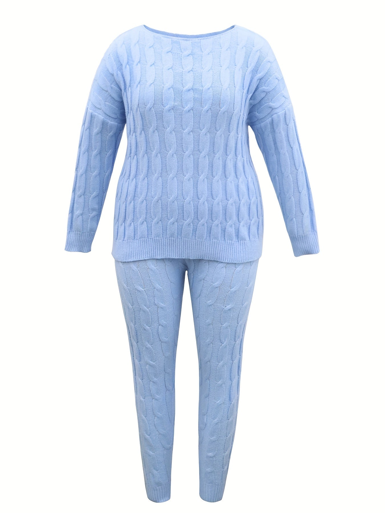 Sixsr Plus Size Casual Sweater Outfits 2 Piece Set, Women's Plus Solid Jacquard Long Sleeve Round Neck Sweater & Pants Outfits Two Piece Set