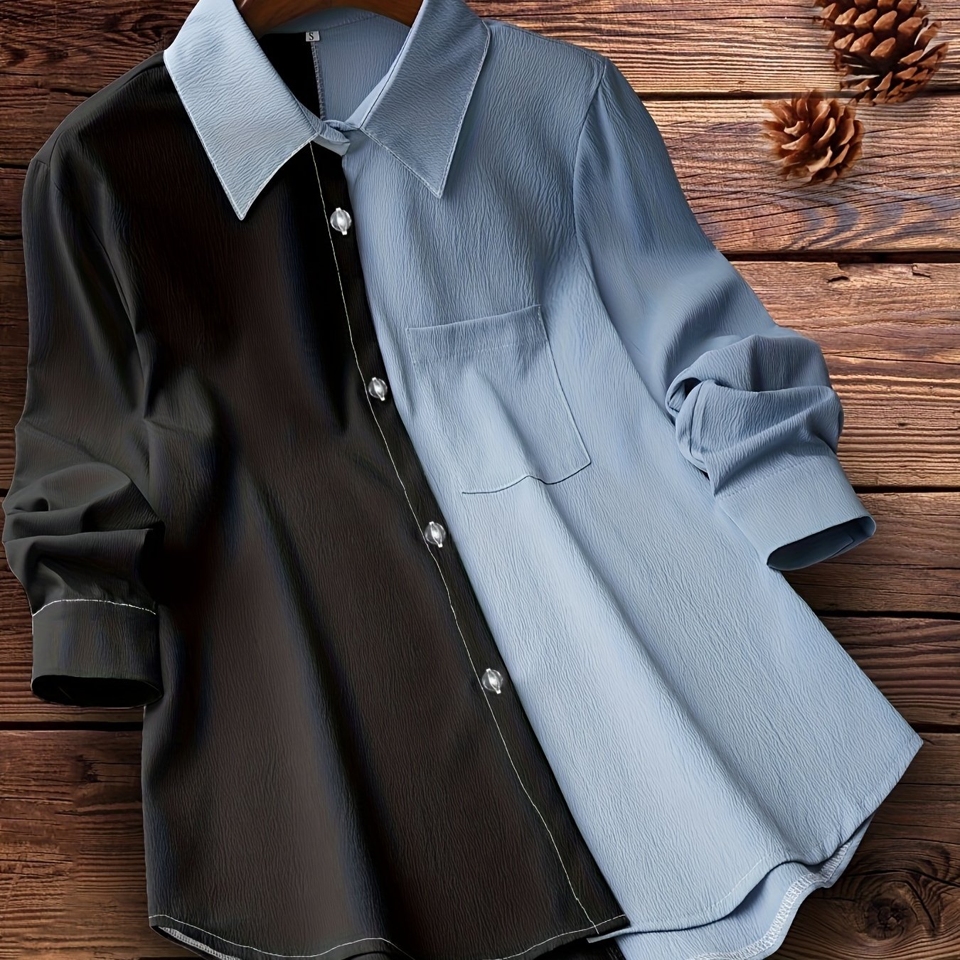 Sixsr Colorblock Polo Collar Button Shirt, Casual Long Sleeve Shirt For Spring & Fall, Women's Clothing