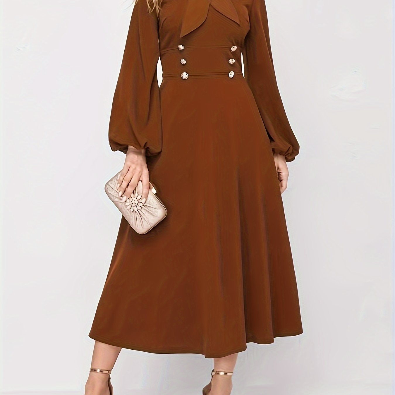 Sixsr Solid Tie Neck Midi Dress, Elegant Lantern Long Sleeve Dress, Women's Clothing