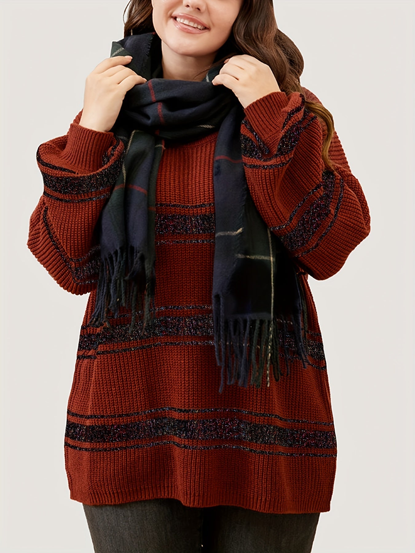 Sixsr Plus Size Casual Sweater, Women's Plus Colorblock Striped Sequin Lantern Sleeve Round Neck Pullover Sweater