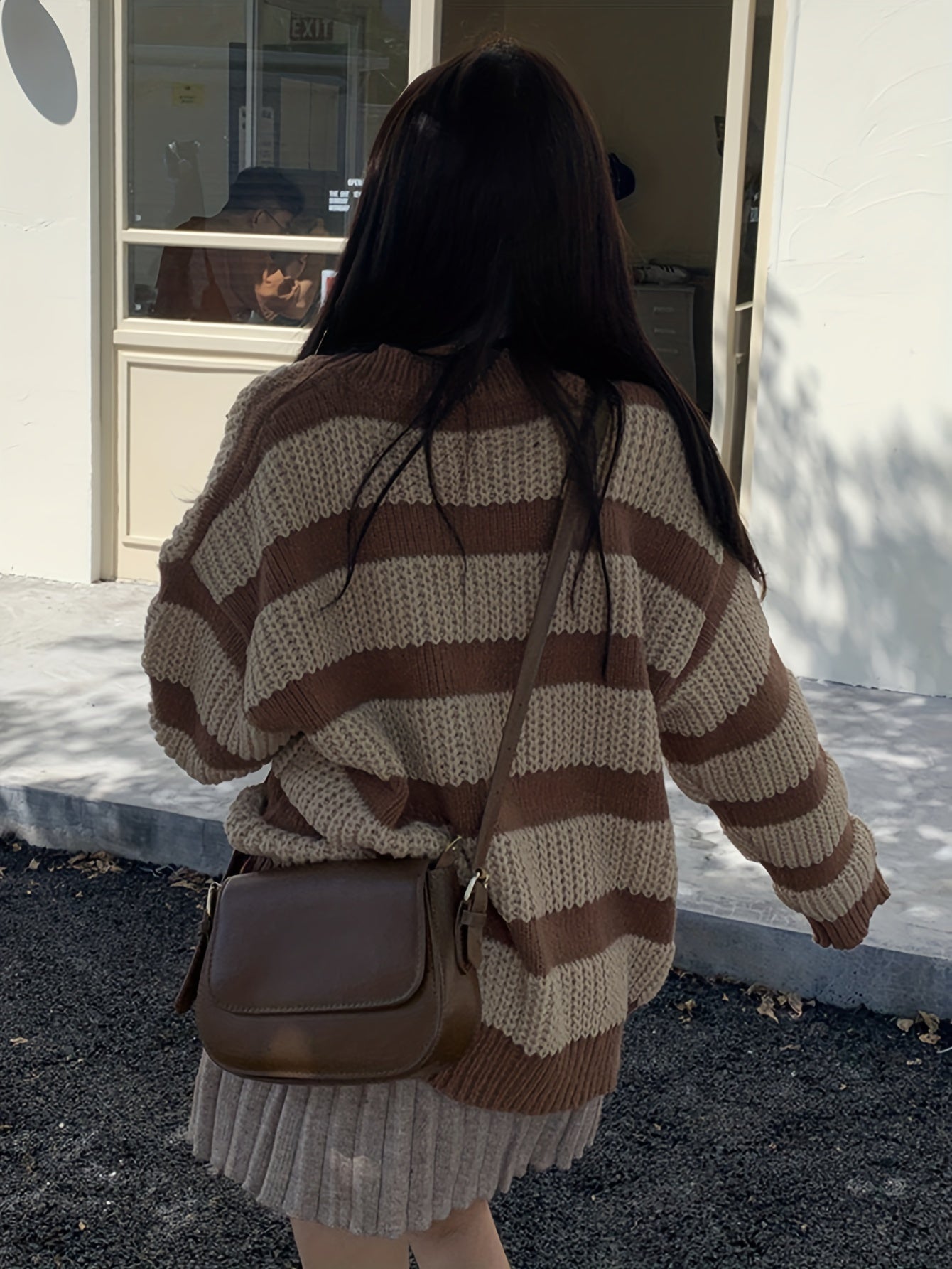 Sixsr Striped V Neck Pullover Sweater, Casual Long Sleeve Drop Shoulder Sweater, Women's Clothing