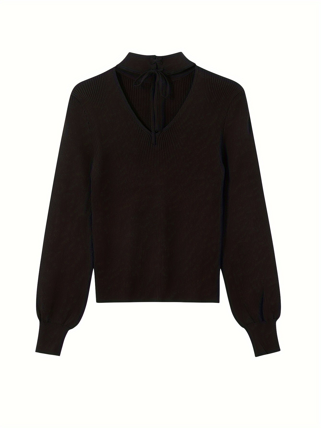 Sixsr Solid Lace Up Mock Neck Knit Sweater, Elegant Cut Out Long Sleeve Stylish Sweater, Women's Clothing