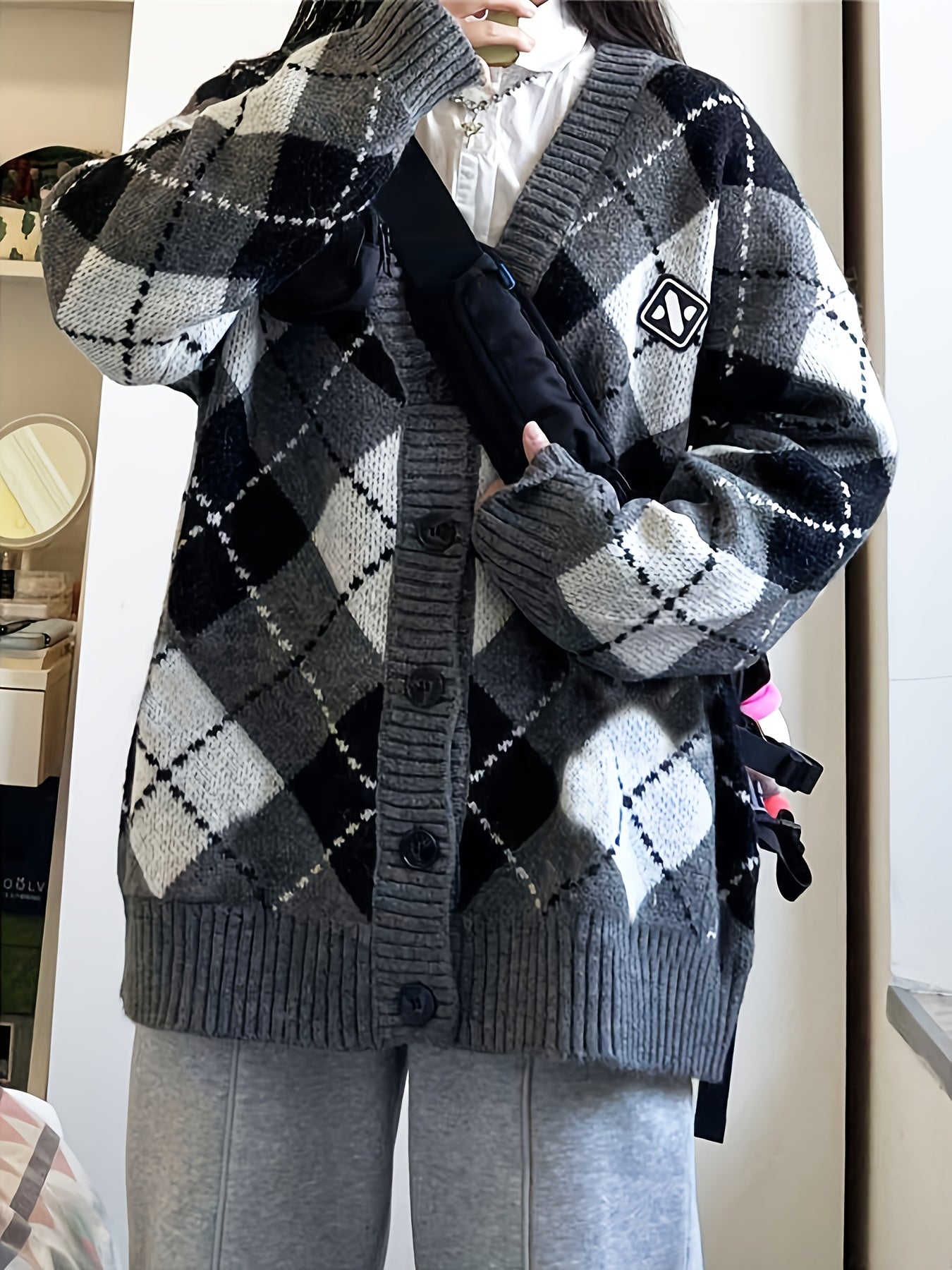 Sixsr Plaid Button Down Knit Cardigan, Preppy Long Sleeve Loose Sweater With Pocket, Women's Clothing