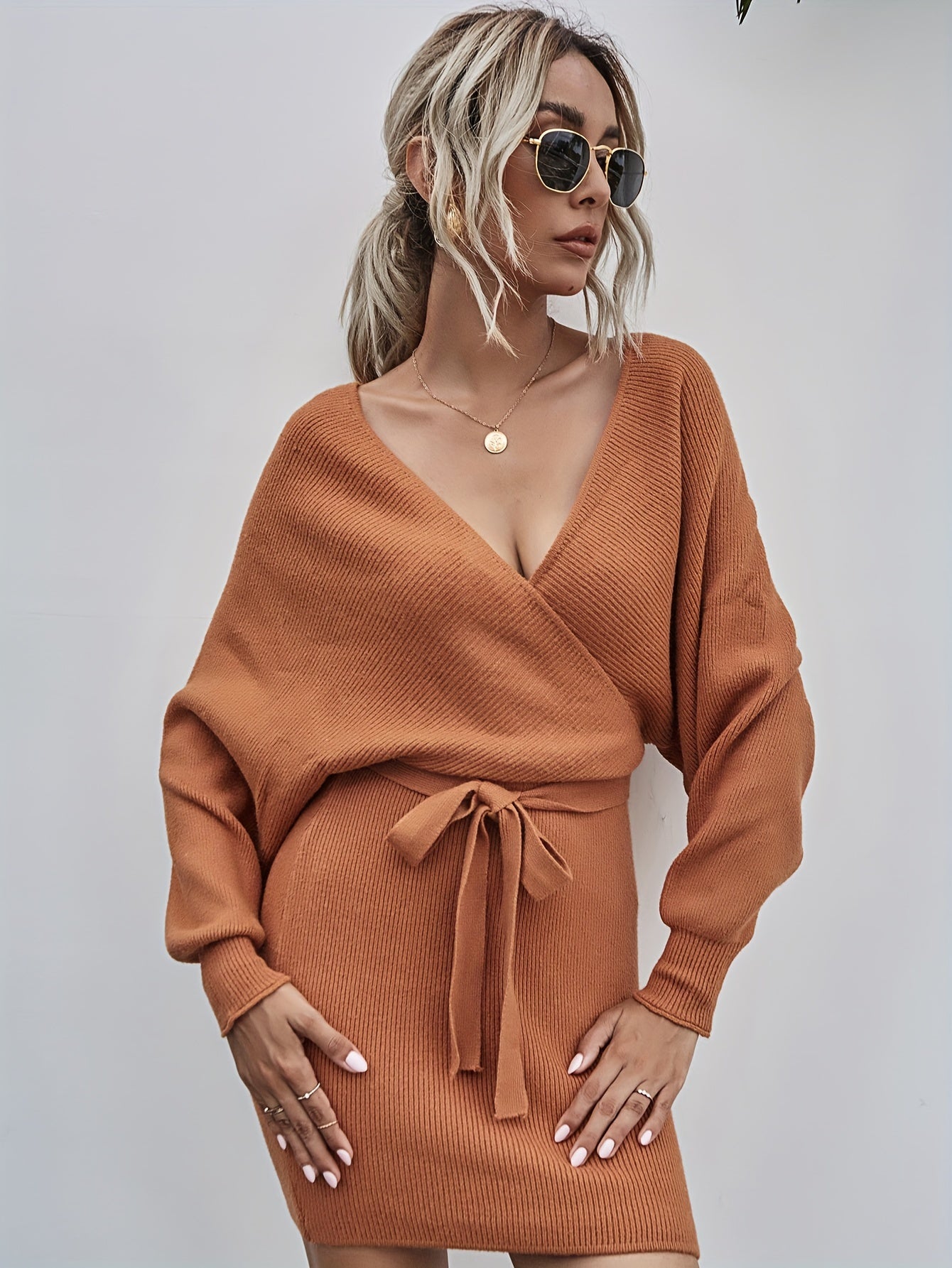 Sixsr Solid Ribbed Surplice Neck Dress, Casual Long Sleeve Belted Bodycon Dress, Women's Clothing
