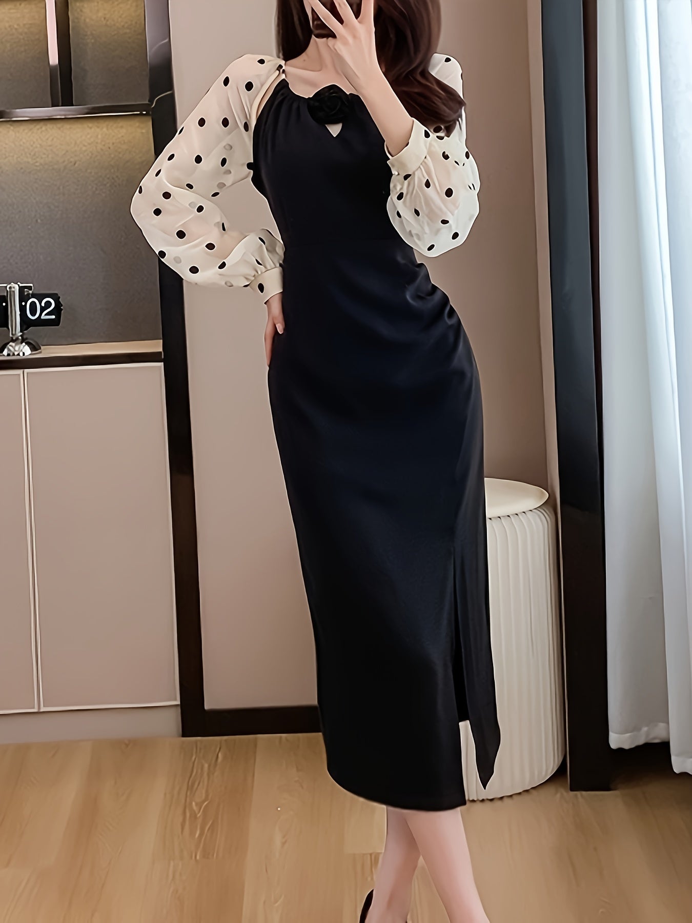 Sixsr Colorblock Contrast Dot Pattern Split Dress, Casual Long Sleeve Bodycon Dress, Women's Clothing