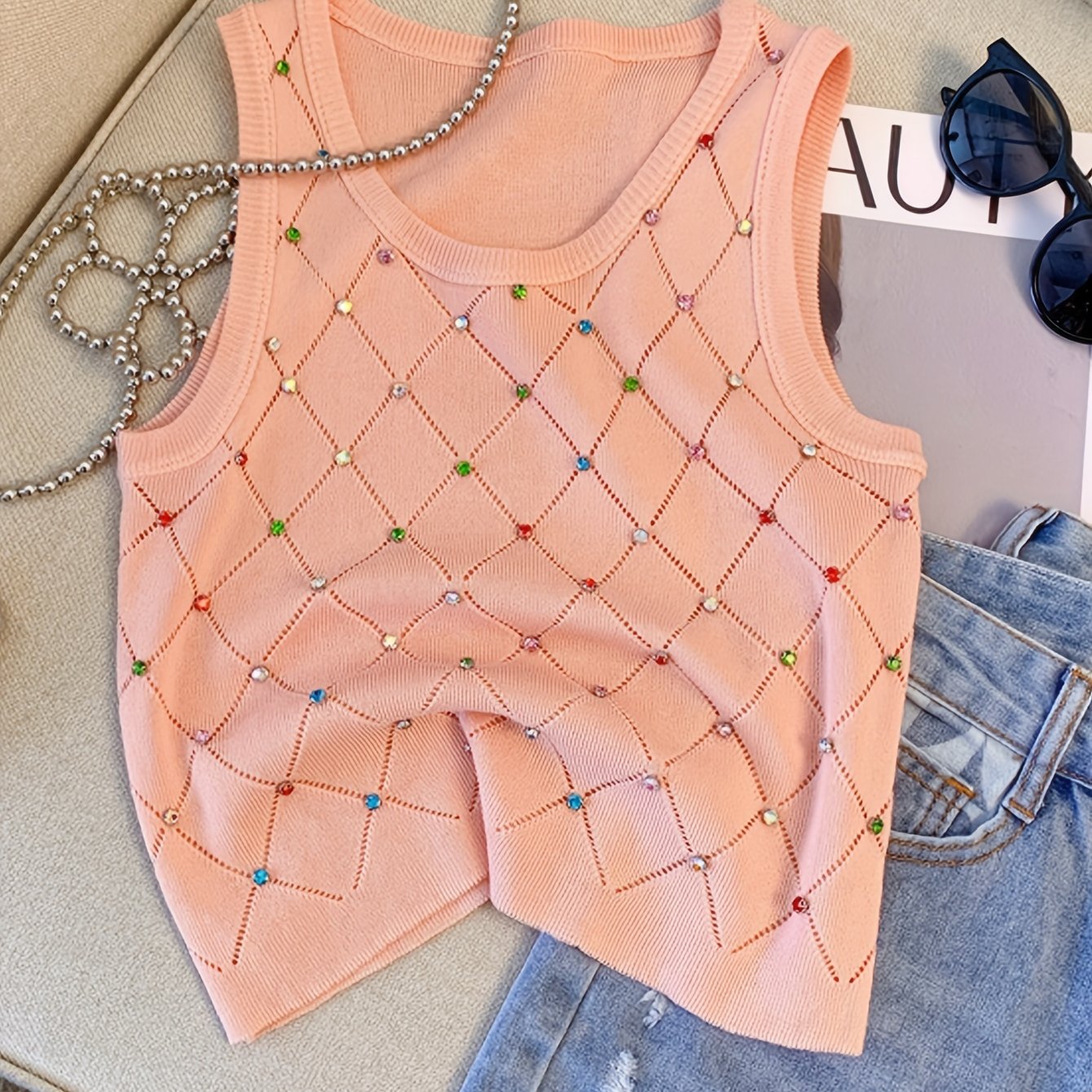 Sixsr Colorful Rhinestone Knitted Tank Top, Casual Crew Neck Sleeveless Tank Top For Summer, Women's Clothing