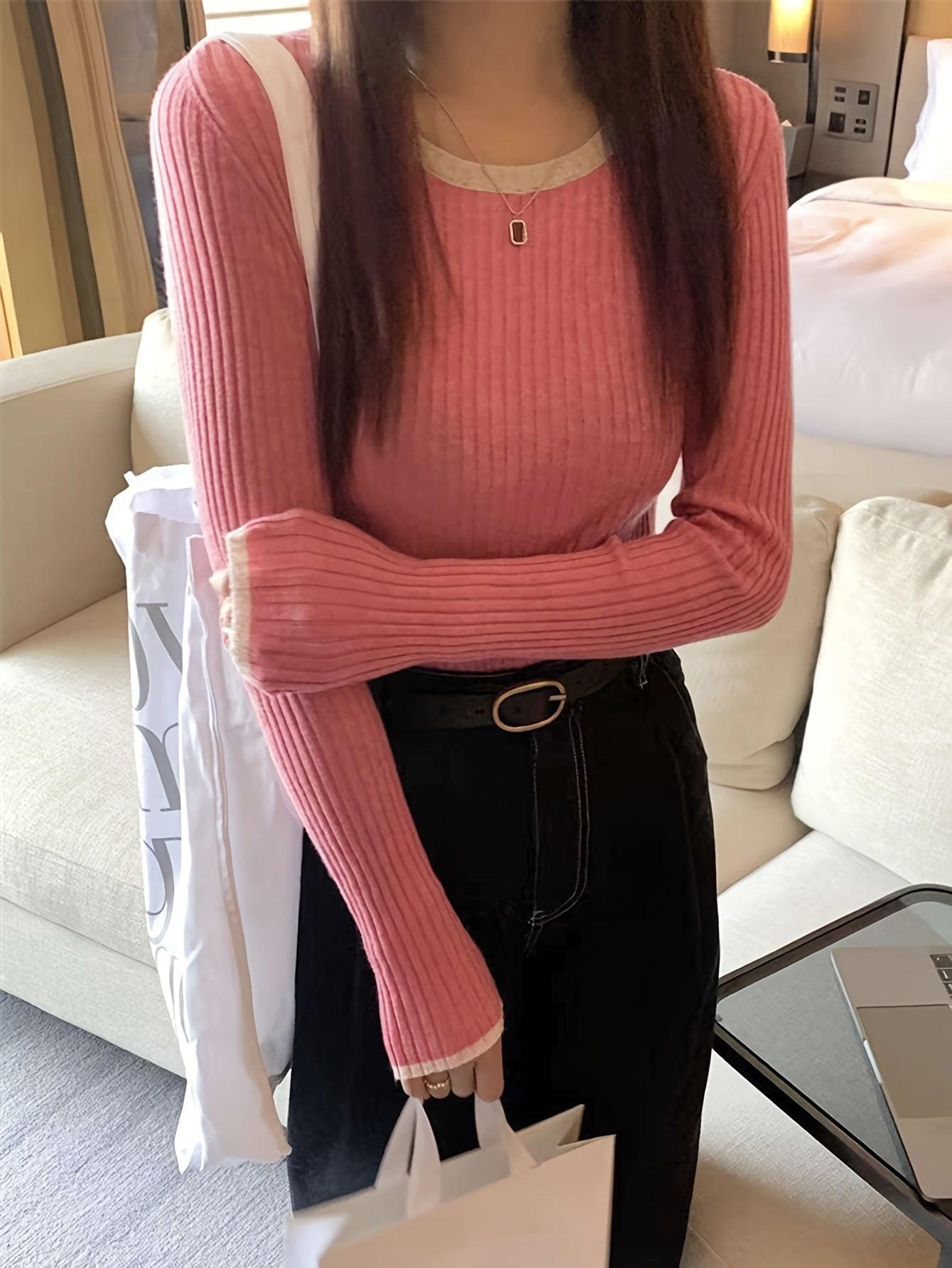 Sixsr Contrast Trim Crew Neck Knitted Top, Casual Long Sleeve Inner Wear Slim Pullover Sweater, Women's Clothing