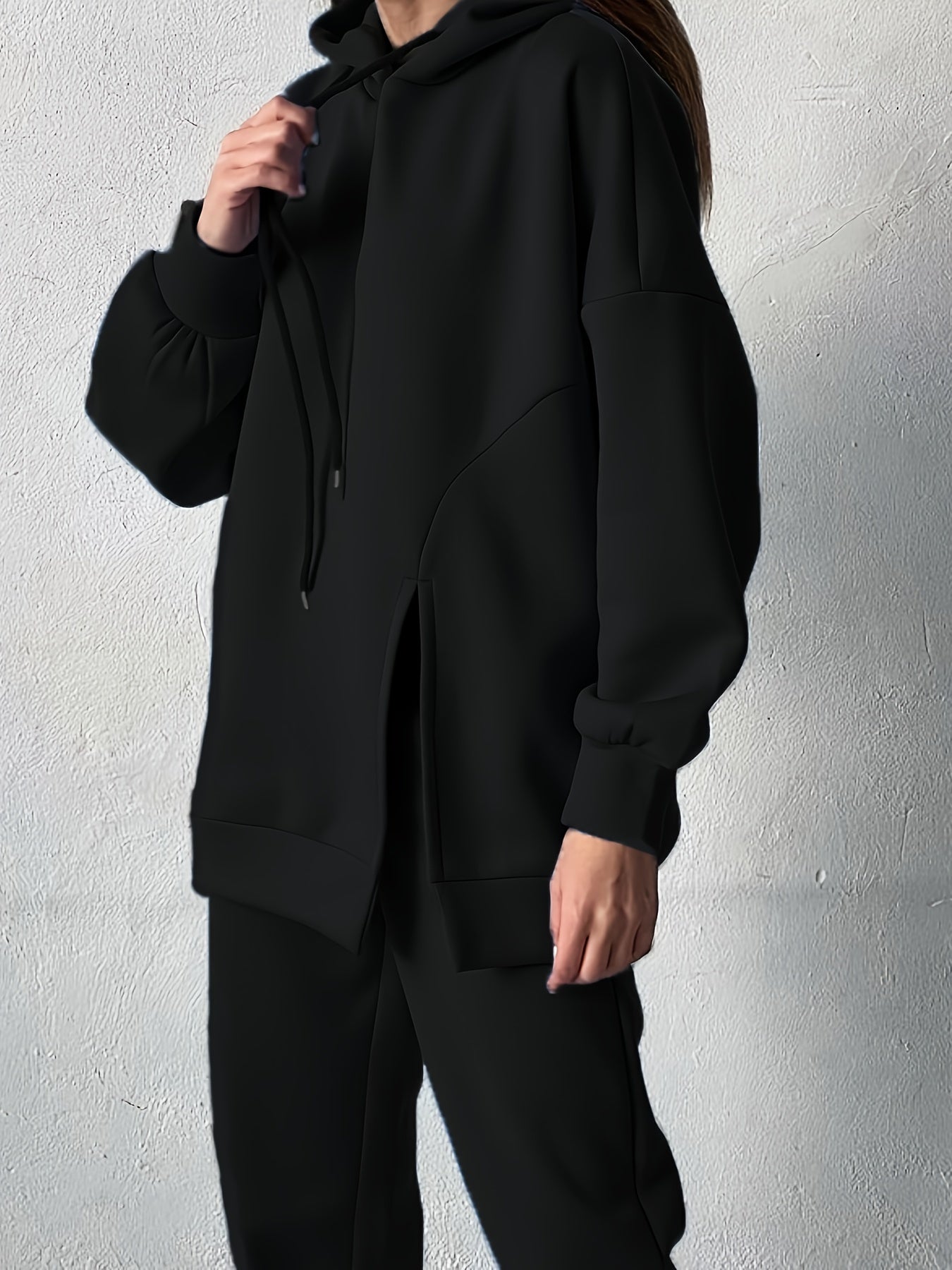 Sixsr Solid Casual Two-piece Set, Split Drawstring Hoodies Sweatshirt & Jogger Pants Outfits, Women's Clothing