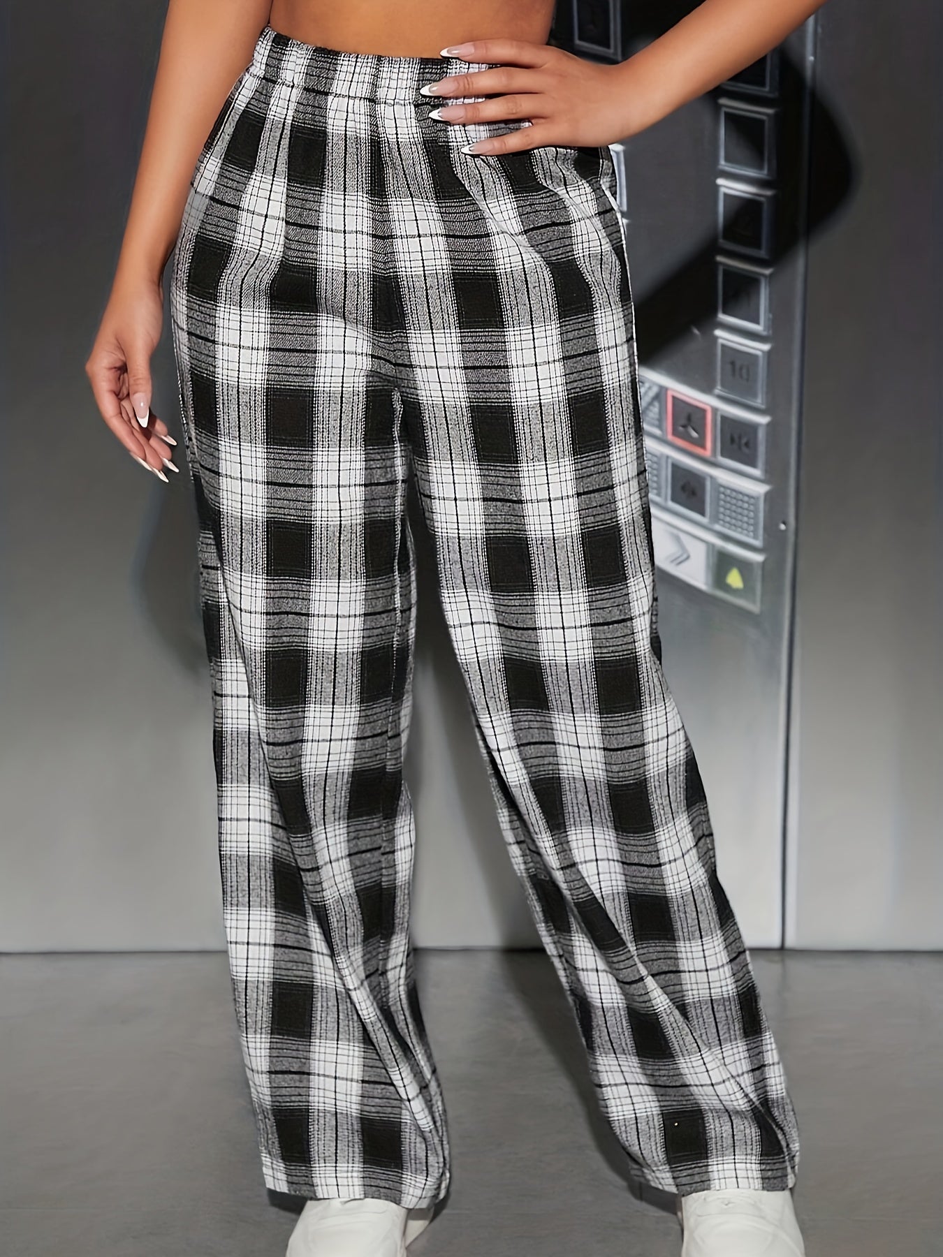 Sixsr Plaid Print Straight Leg Pants, Casual Loose Elastic Waist Pants, Women's Clothing