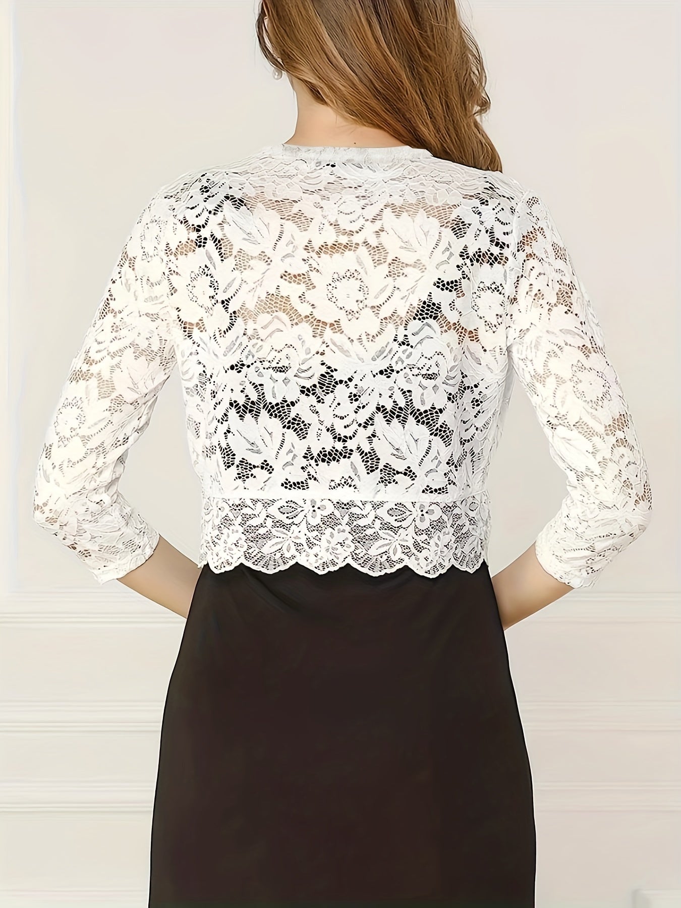 Sixsr Semi-sheer Floral Lace Crop Cardigan, Casual Three-quarter Sleeve Cover Up Cardigan, Women's Clothing