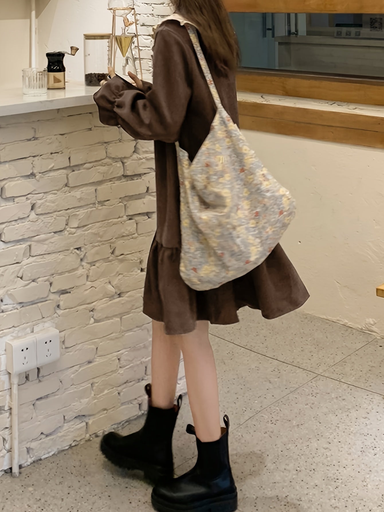 Sixsr Ruffle Trim Peter Pan Collar Dress, Casual Lantern Sleeve Loose Dress, Women's Clothing