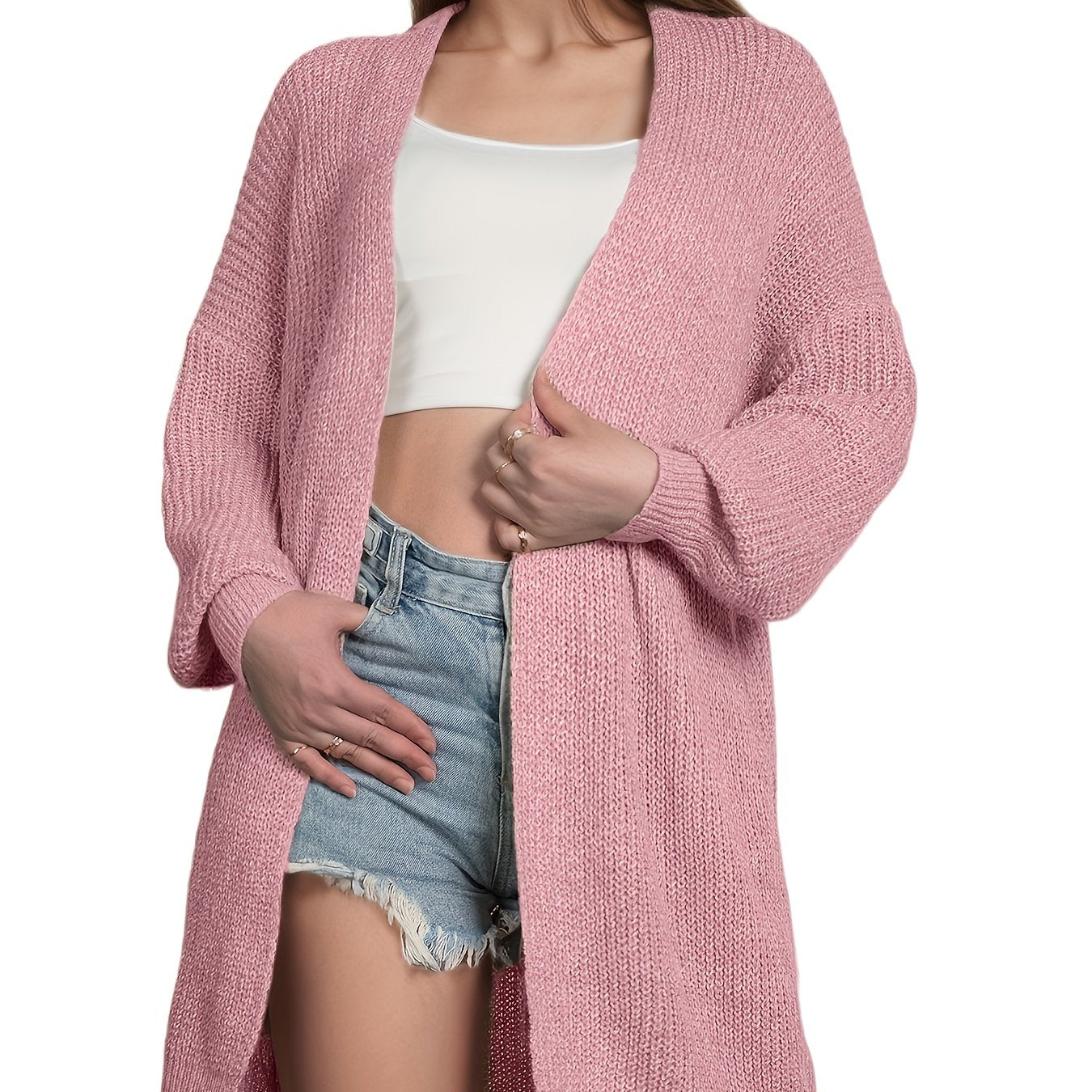 Sixsr Drop Shoulder Mid Length Knit Cardigan, Casual Open Front Long Sleeve Sweater, Women's Clothing