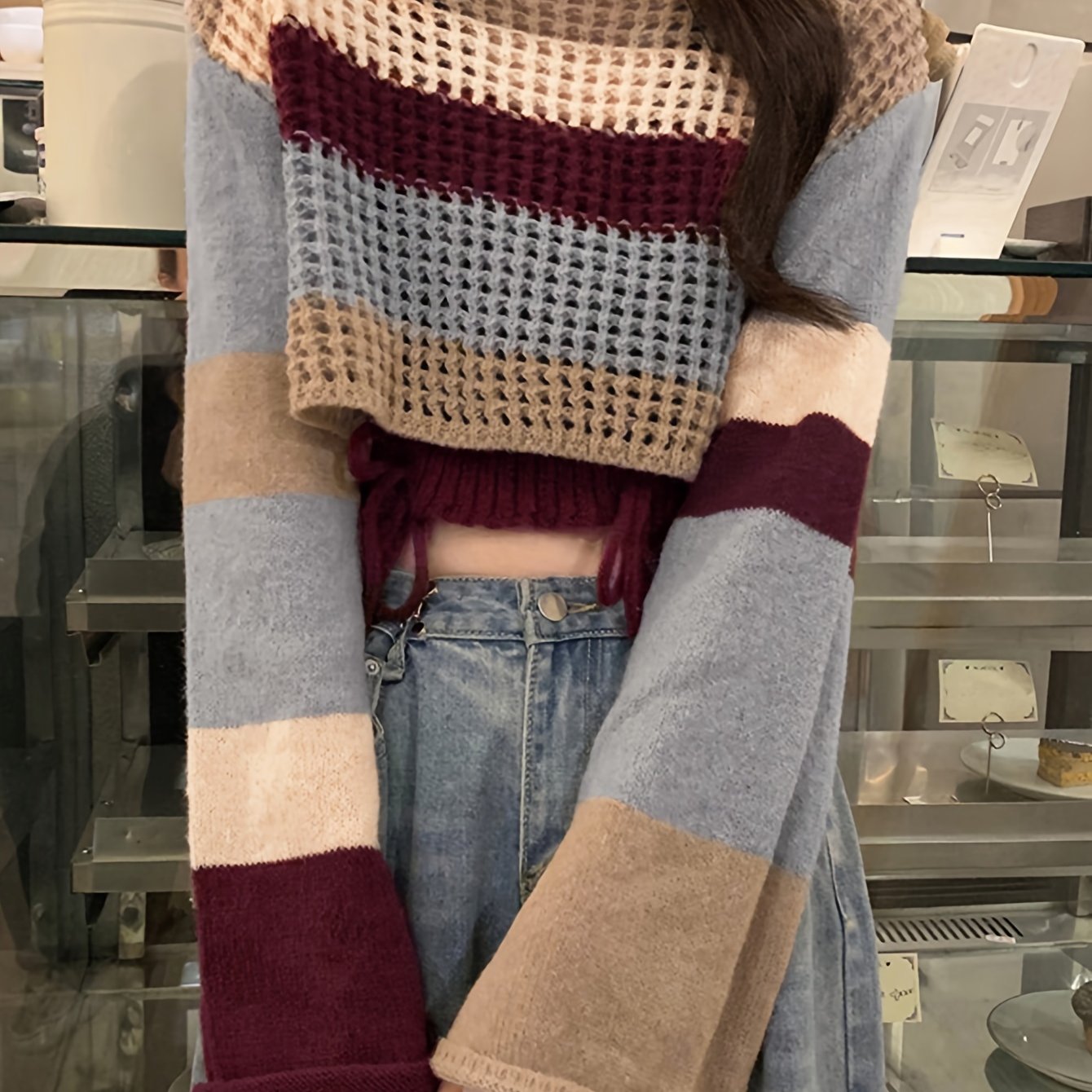 Sixsr Striped Boat Neck Knit Sweater, Casual Long Sleeve Crop Sweater For Fall & Spring, Women's Clothing