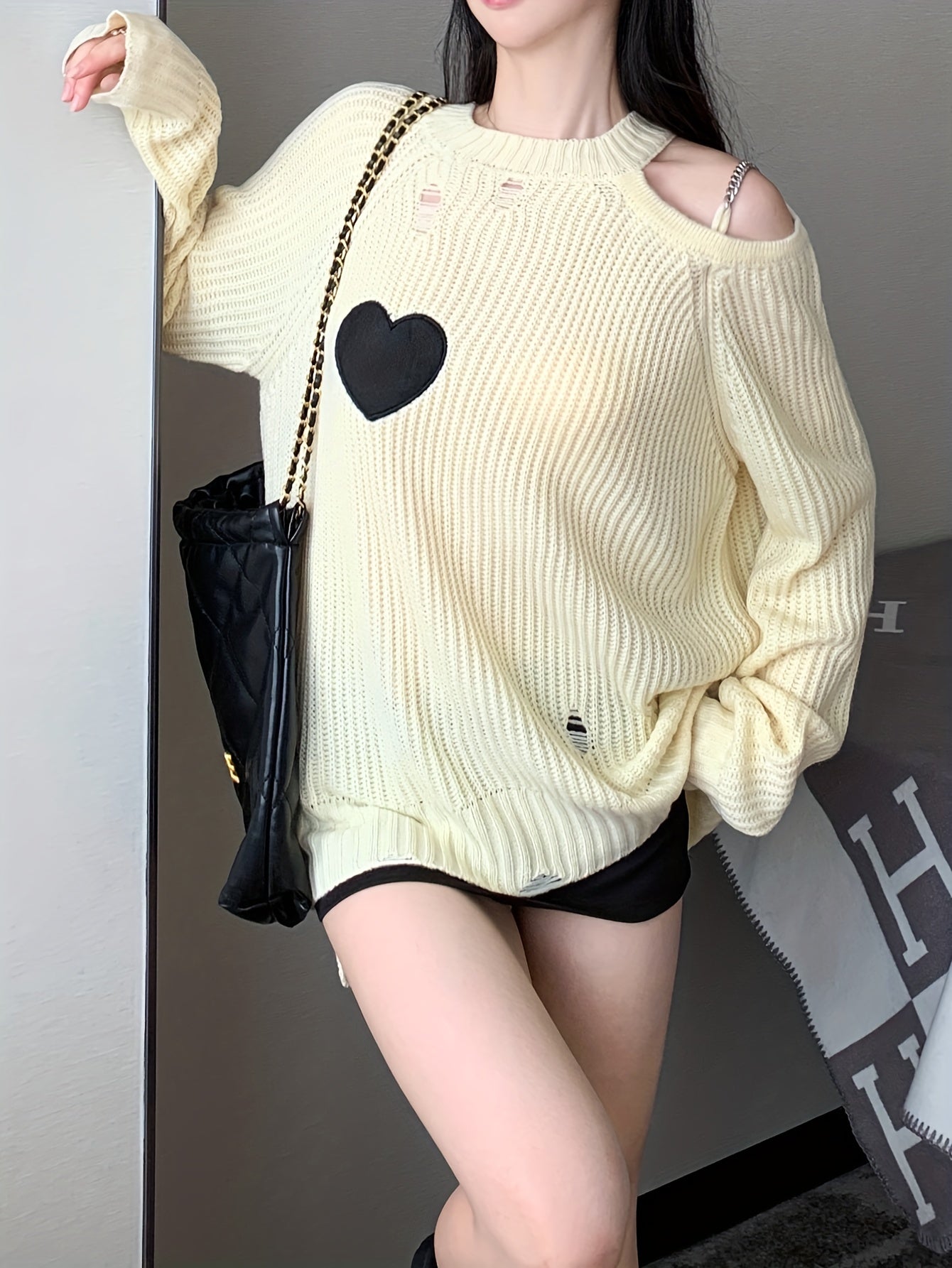 Sixsr Heart Pattern One-shoulder Ripped Sweater, Casual Long Sleeve Sweater For Fall & Winter, Women's Clothing