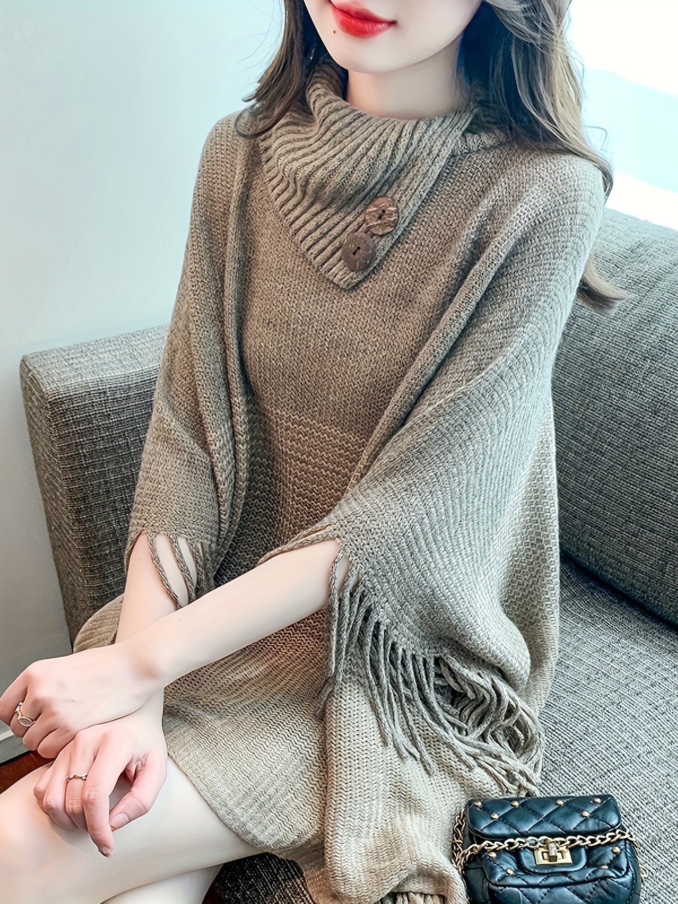 Sixsr Color Block Tassel Trim Cape Sweater, Boho Asymmetrical Collared Fashion Poncho Sweater, Women's Clothing