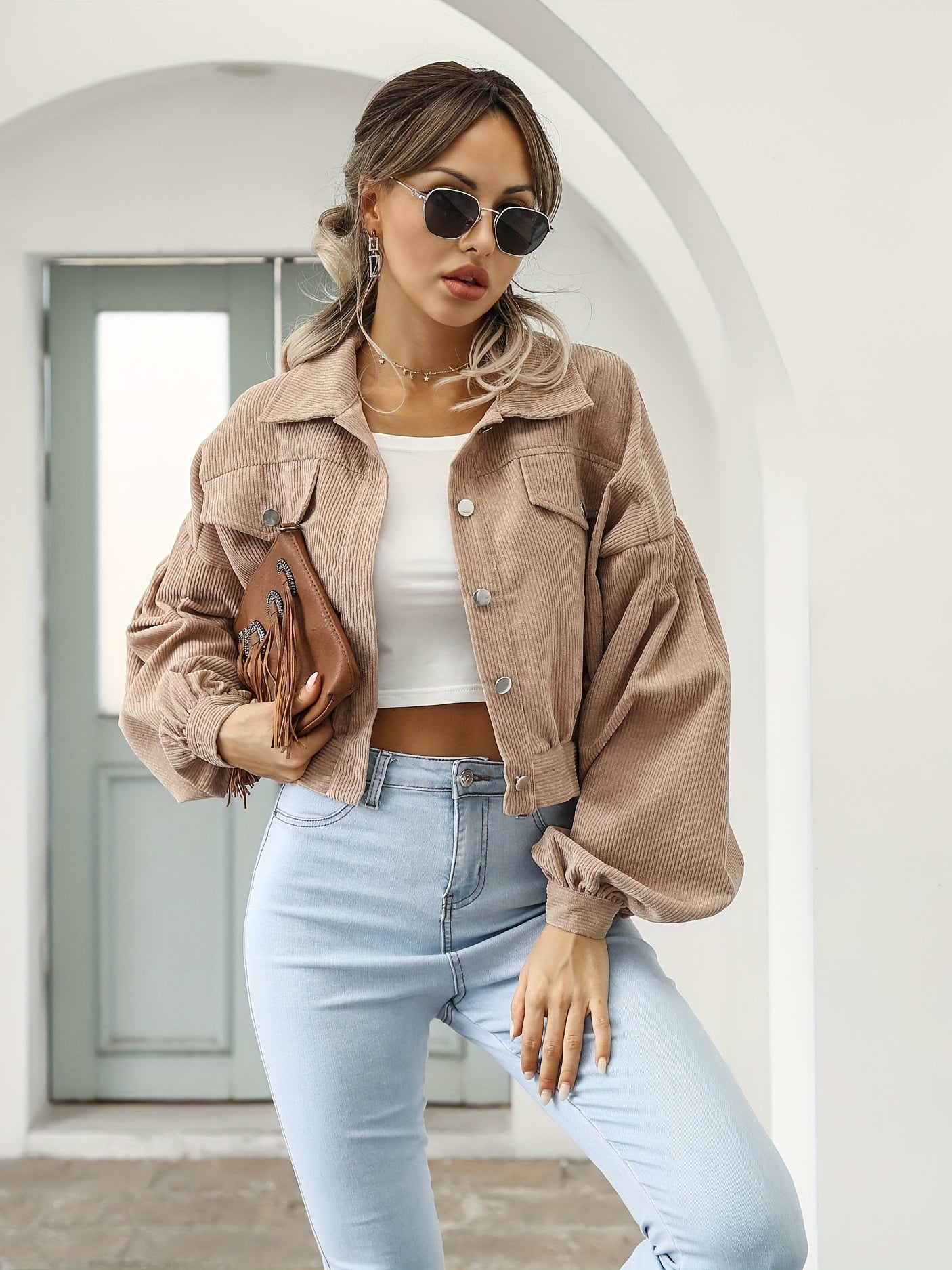 Sixsr Solid Lantern Sleeve Crop Jacket, Casual Button Front Drop Shoulder Jacket, Women's Clothing