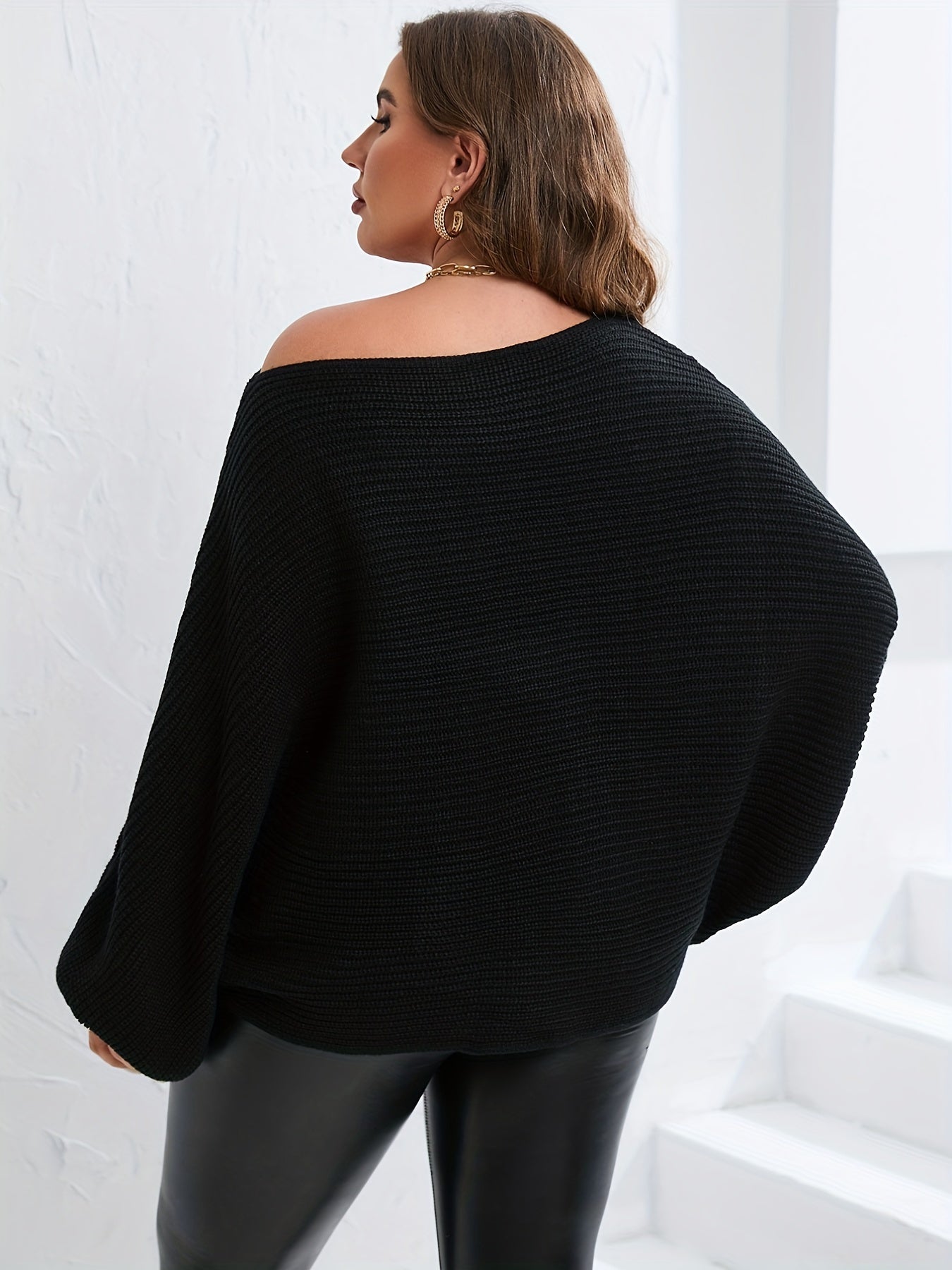 Sixsr Plus Size Off Shoulder Batwing Solid Sweater, Women's Plus Casual Slight Stretch Sweater