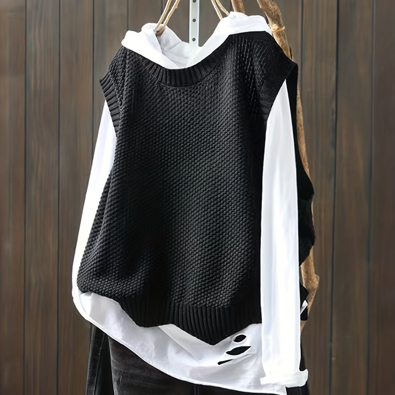 Sixsr Solid Crew Neck Knitted Vest, Casual Sleeveless Loose Sweater, Women's Clothing