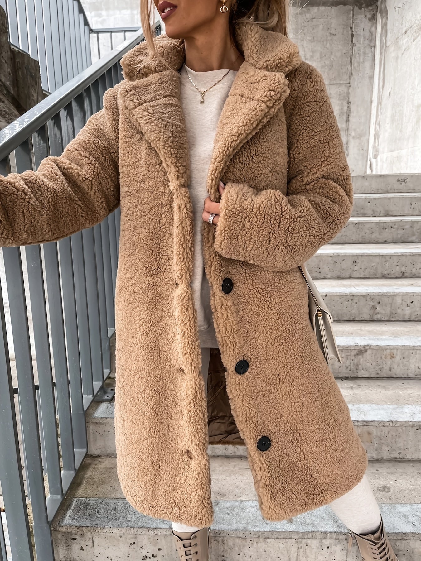 Sixsr Button Up Warm Long Coat, Long Sleeve Solid Outerwear For Winter & Fall, Women's Clothing