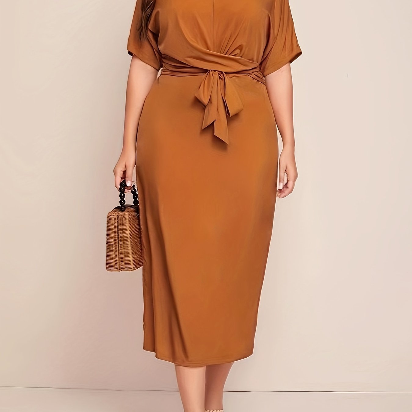 Sixsr Solid Tie Waist Elegant Dress, Half Sleeve Slim Dress For Spring & Fall, Women's Clothing