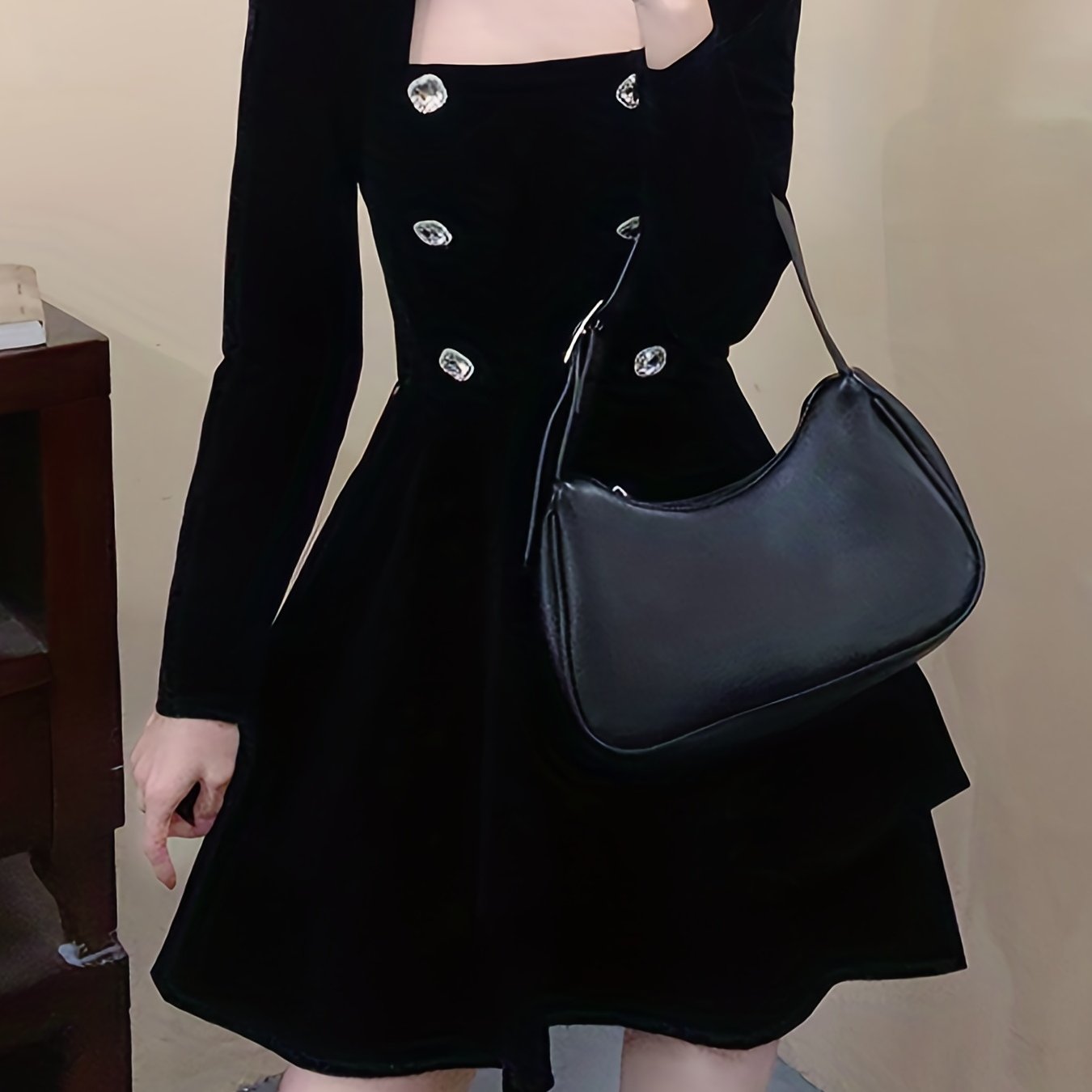 Sixsr Double Breasted Solid Dress, Casual Squared Neck Long Sleeve Dress, Women's Clothing