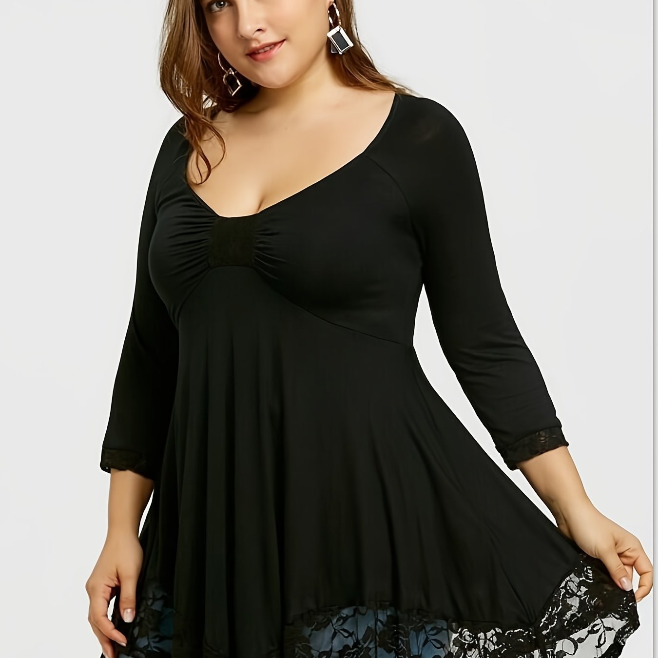 Sixsr Plus Size Floral Jacquard Contrast Lace Solid Tops, Women's Plus Round Neck Long Sleeve Elegant Top