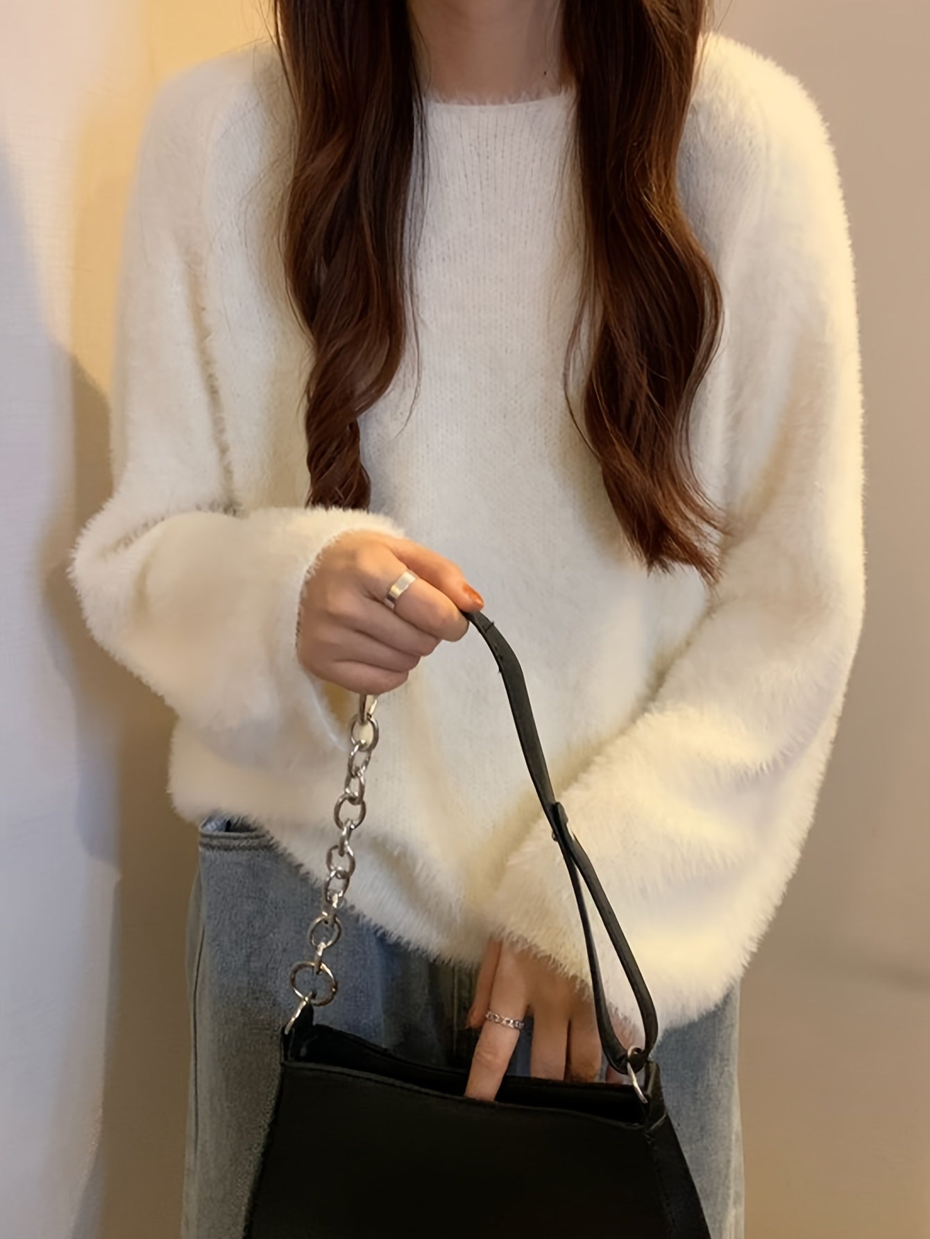 Sixsr Solid Crew Neck Pullover Sweater, Casual Long Sleeve Drop Shoulder Sweater, Women's Clothing
