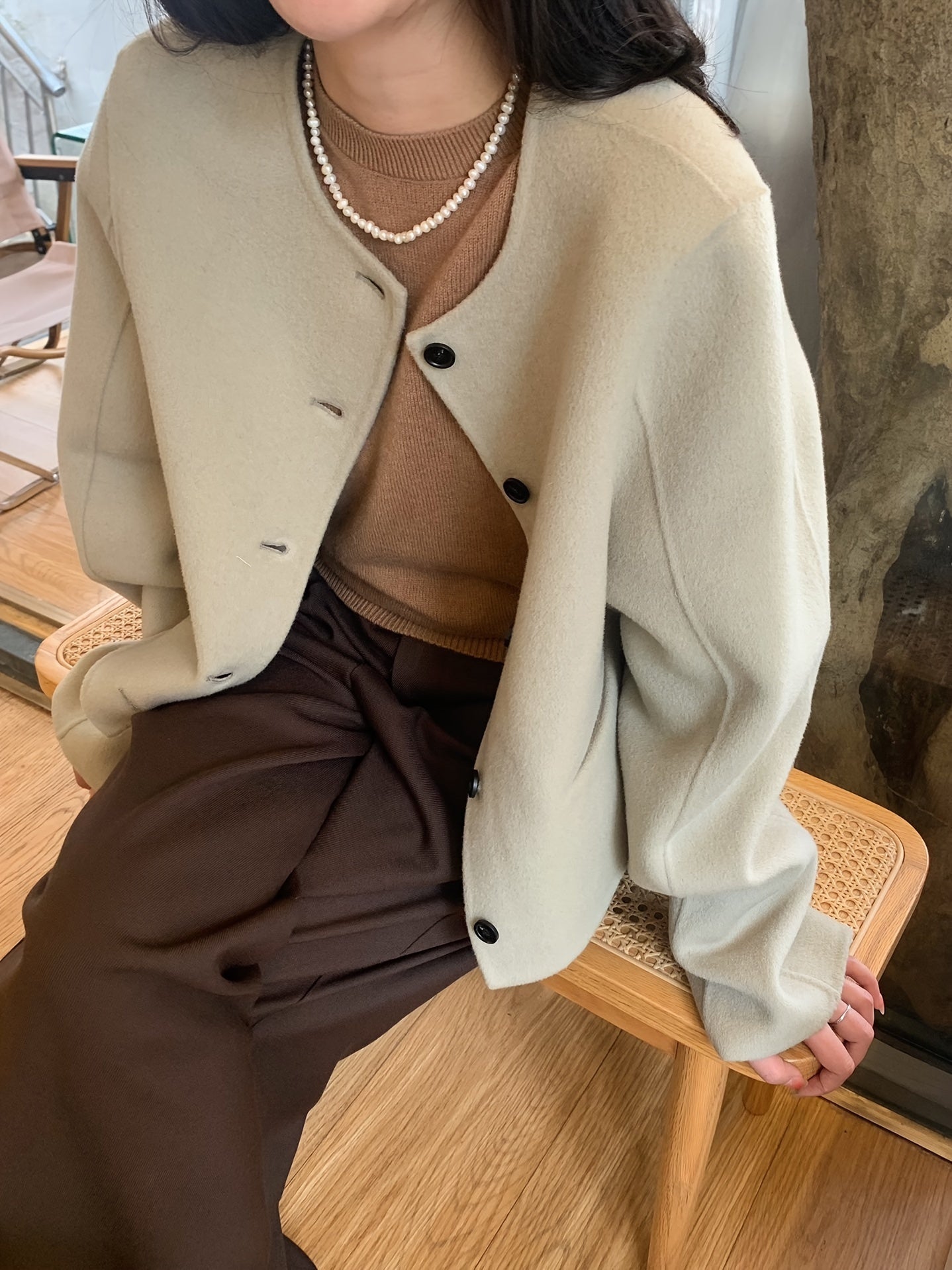 Sixsr Button Front Solid Fall & Winter Jacket, Elegant Crew Neck Long Sleeve Outerwear, Women's Clothing