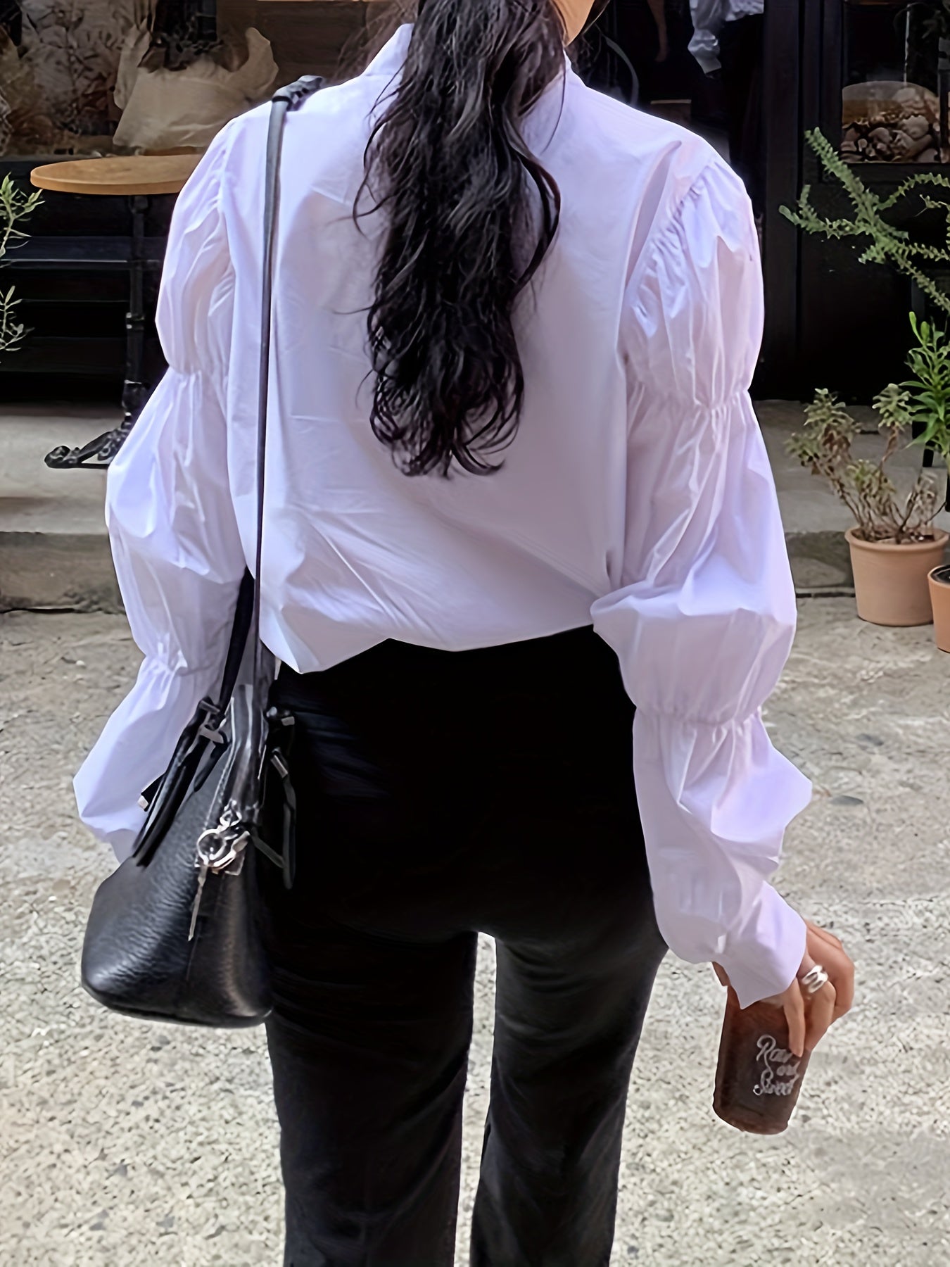 Sixsr Solid Polo Collar Blouse, Elegant Long Puff Sleeve Blouse For Spring & Fall, Women's Clothing