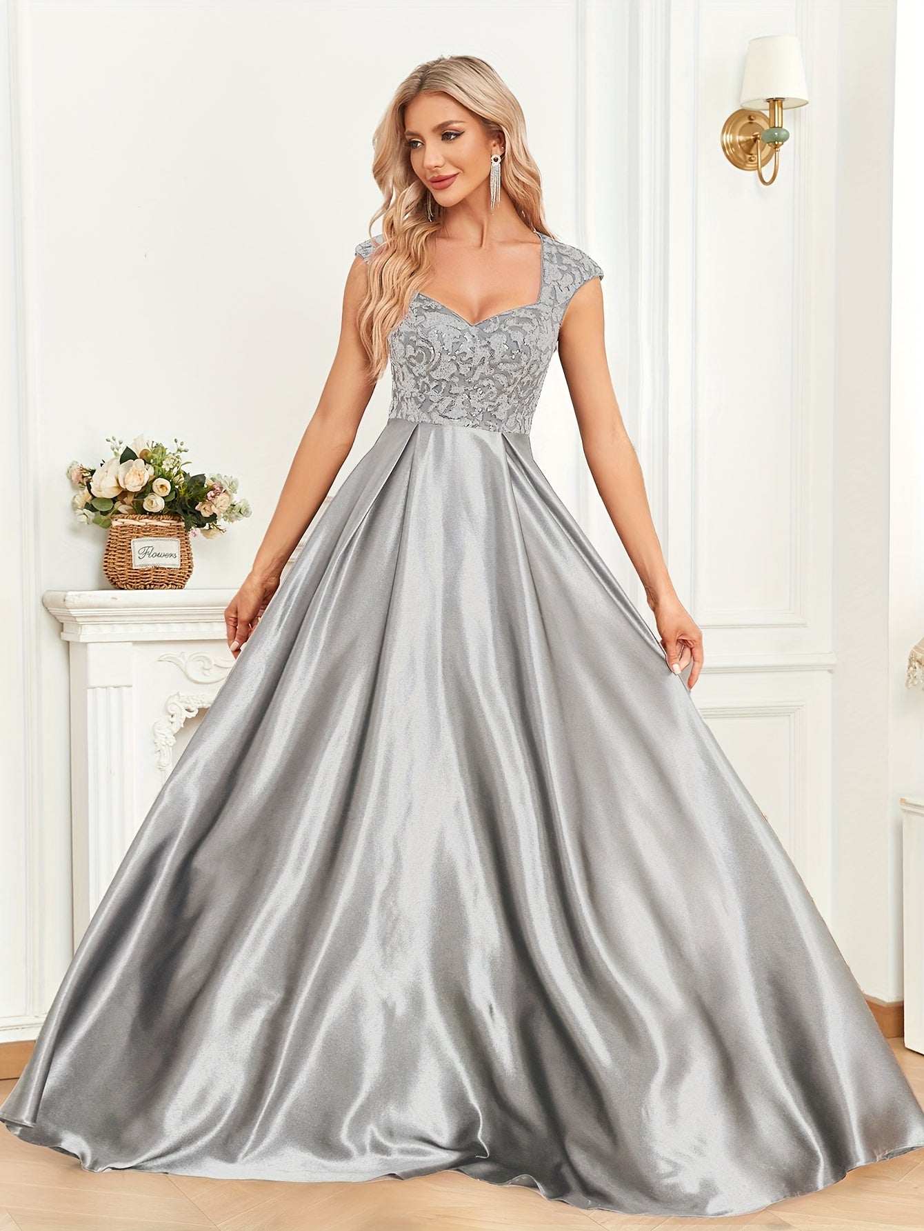 Sixsr Cap Sleeve Embroidered Dress, Elegant V-neck Floor Length Dress For Wedding Party, Women's Clothing