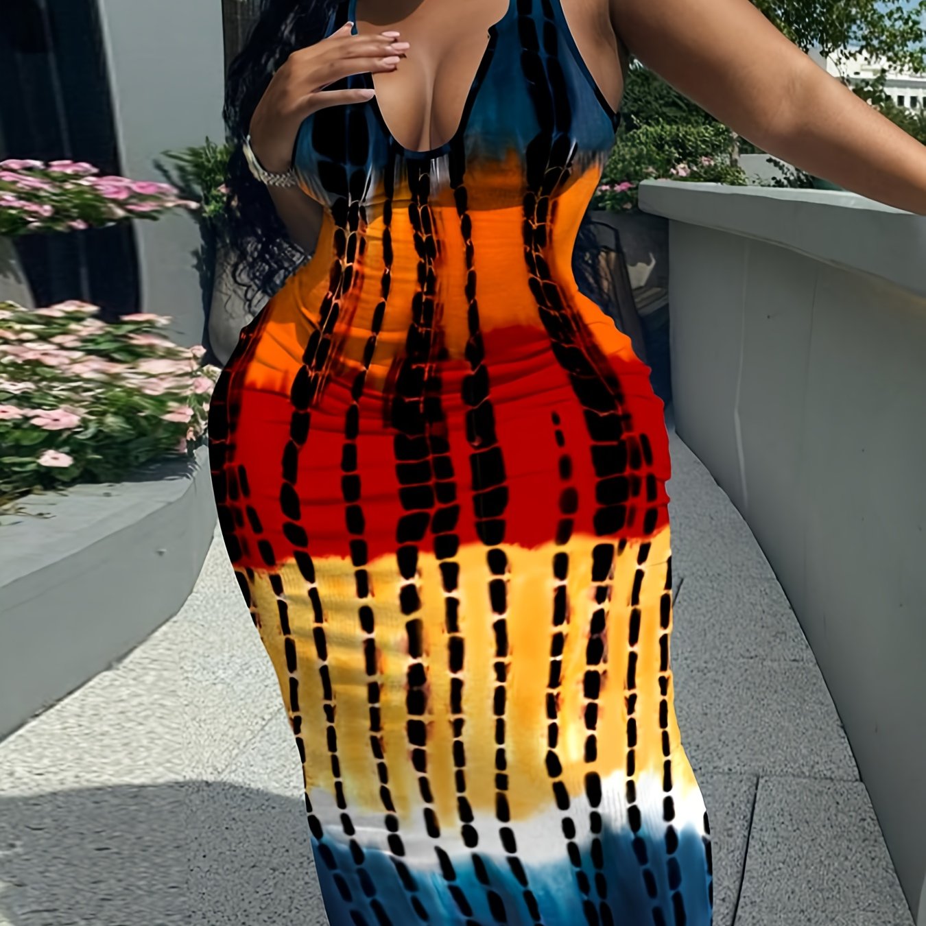Sixsr Plus Size Casual Tank Dress, Women's Plus Colorblock Tie Dye Notched Neck High Stretch Bodycon Maxi Tank Dress