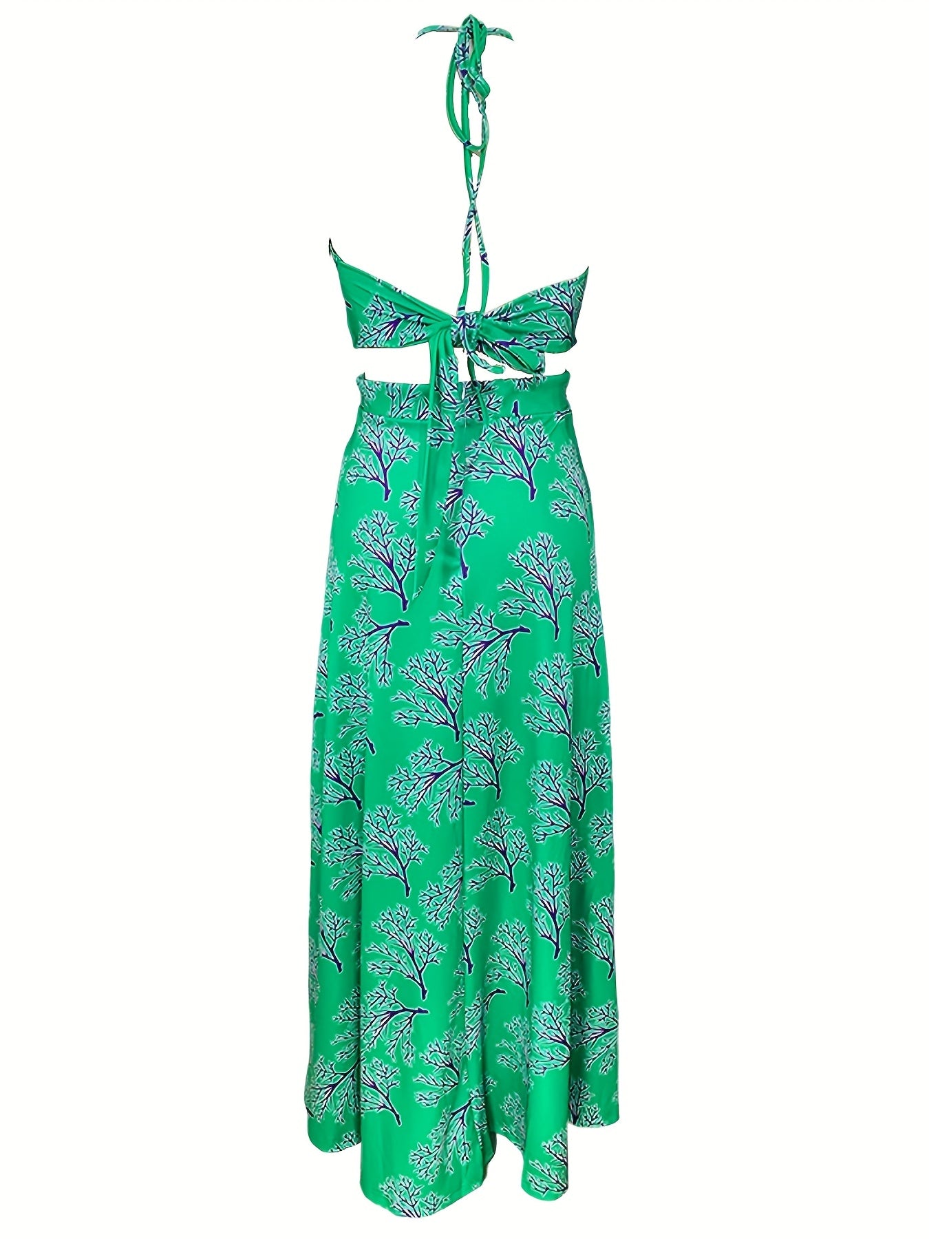 Sixsr Plant Print Halter Neck Dress, Boho Sleeveless High Waist Maxi Dress, Women's Clothing