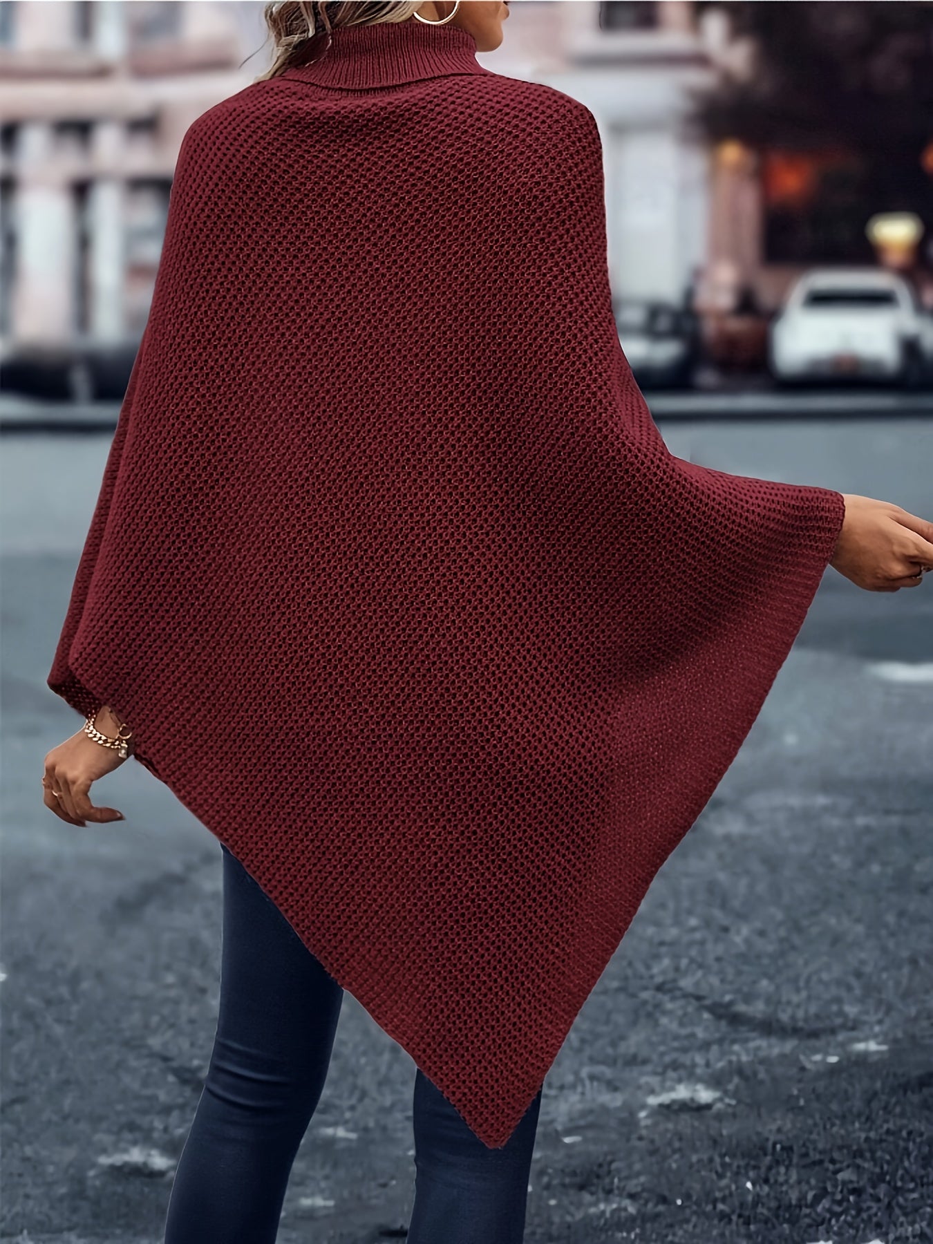 Sixsr Solid Cape Knit Sweater, Elegant Turtleneck Asymmetrical Hem Sweater, Women's Clothing