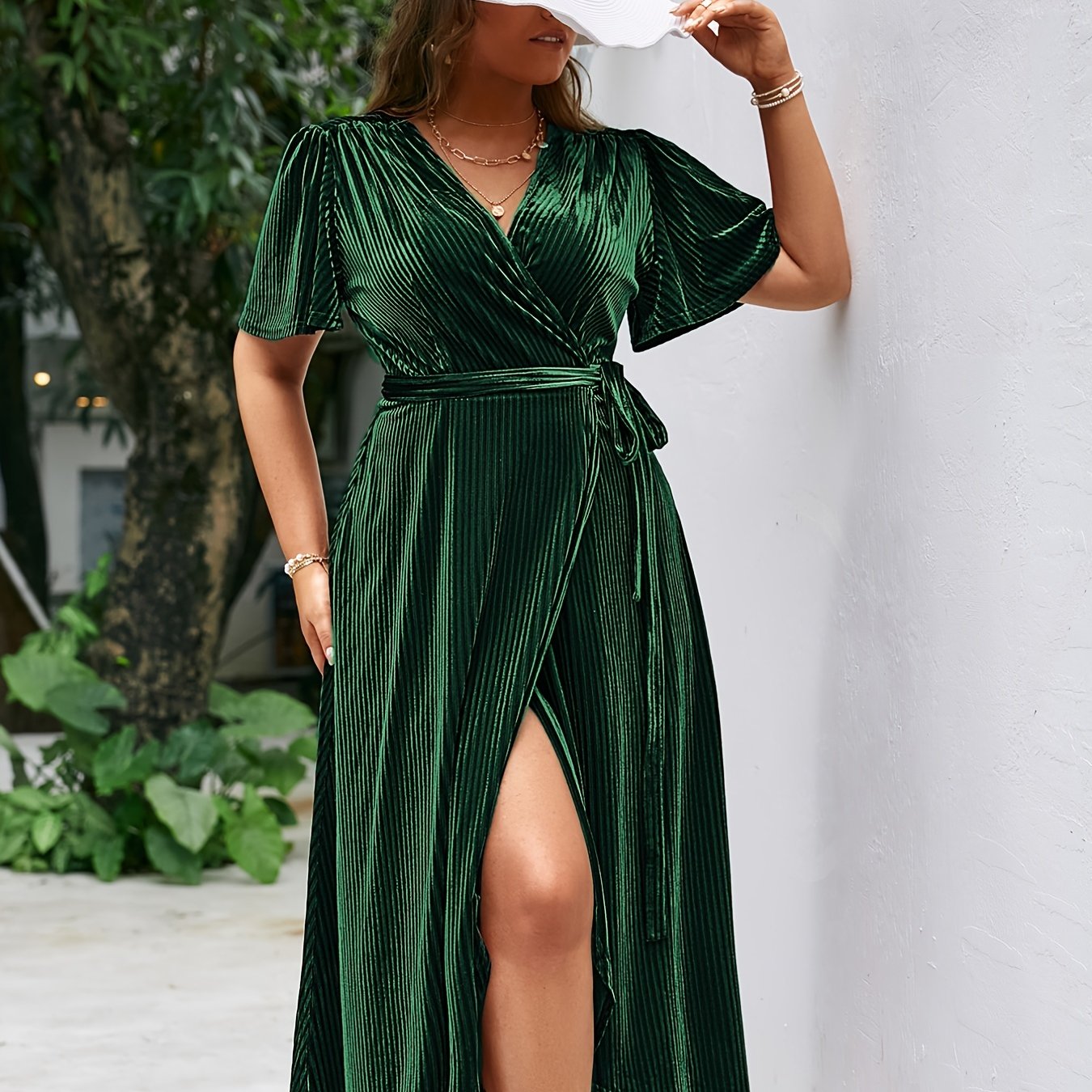Sixsr Plus Size Velvet V Neck Short Sleeve High Split Maxi Dress, Women's Plus Medium Stretch Elegant Long Wrap Dress