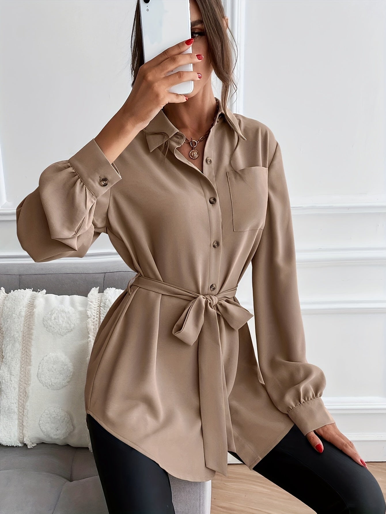 Sixsr Solid Pocket Polo Collar Belted Blouse, Casual Long Sleeve Blouse For Spring & Fall, Women's Clothing