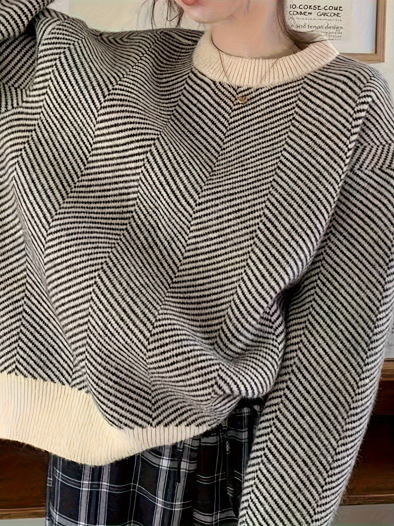 Sixsr Striped Crew Neck Pullover Sweater, Casual Long Sleeve Loose Sweater, Women's Clothing