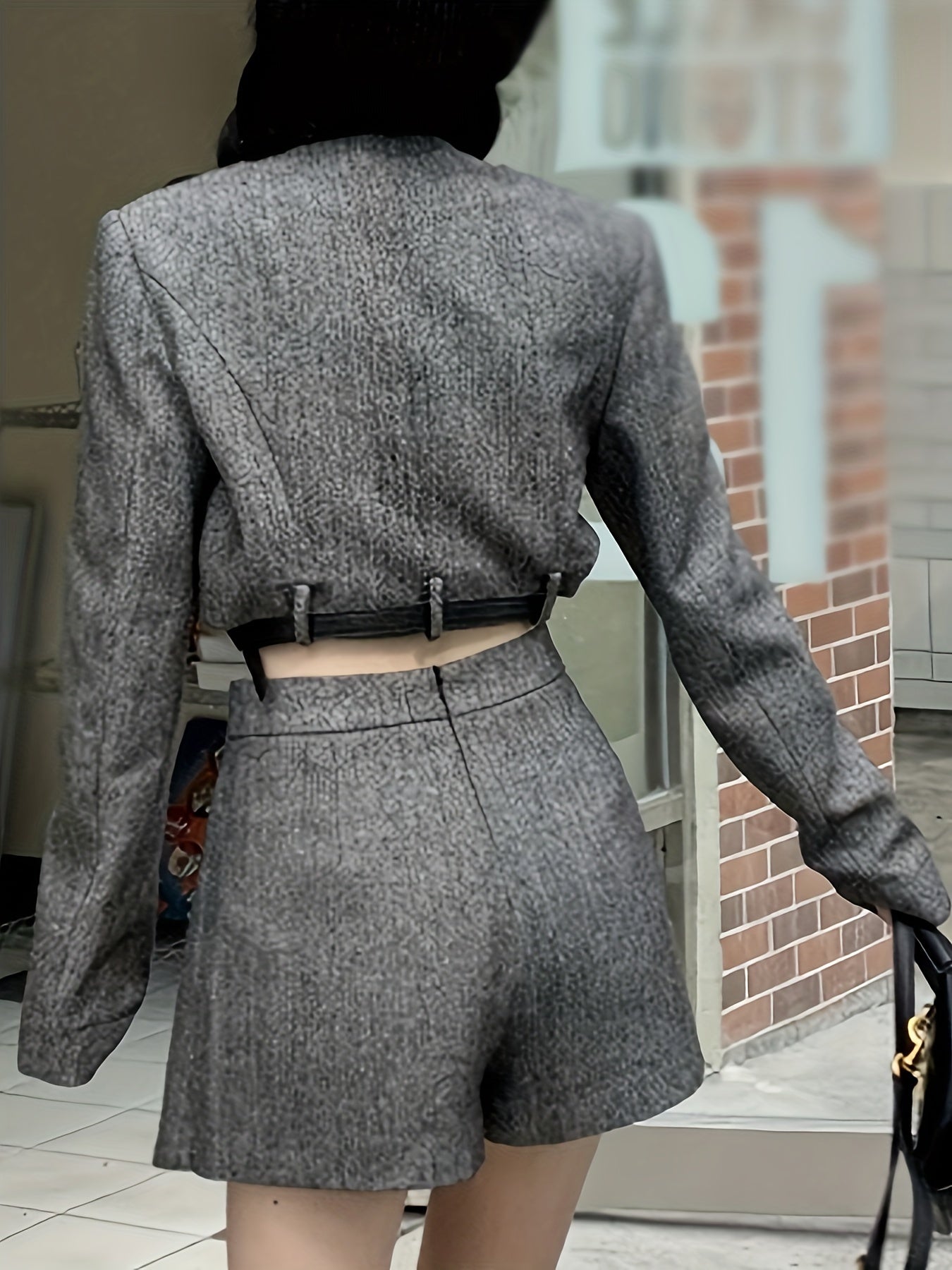 Sixsr Solid Crew Neck Belt Crop Top, Stylish Long Sleeve Top For Spring & Fall, Women's Clothing
