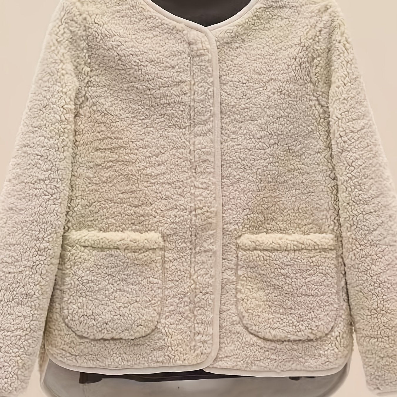 Sixsr Solid Pocket Front Teddy Coat, Casual Crew Neck Long Sleeve Outerwear, Women's Clothing